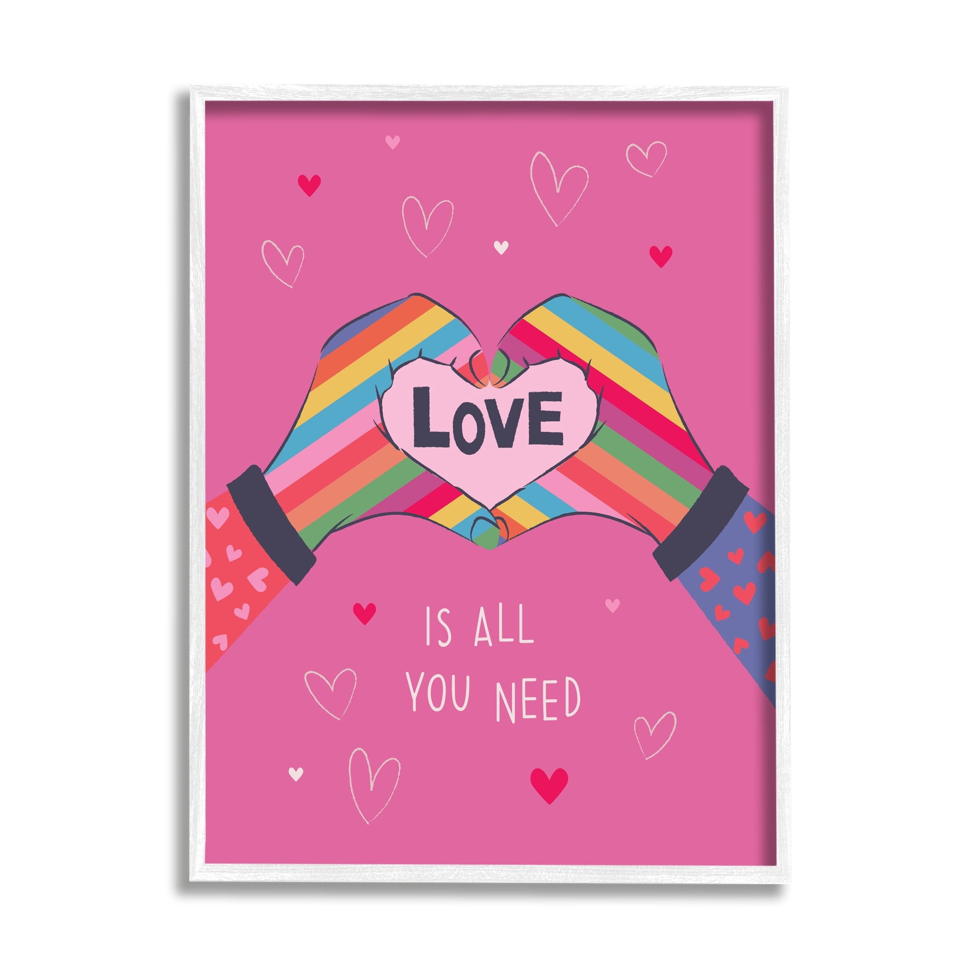Stupell Industries Love Is All Phrase Rainbow Heart Shaped Hand Gesture,16 x 20, Design by Lisa Perry Whitebutton