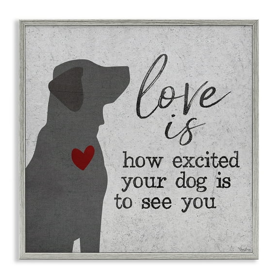 Stupell Industries Love Is Excited Dog Pet Phrase Typography Painting Gray Framed Art Print Wall Art, 17 x 17