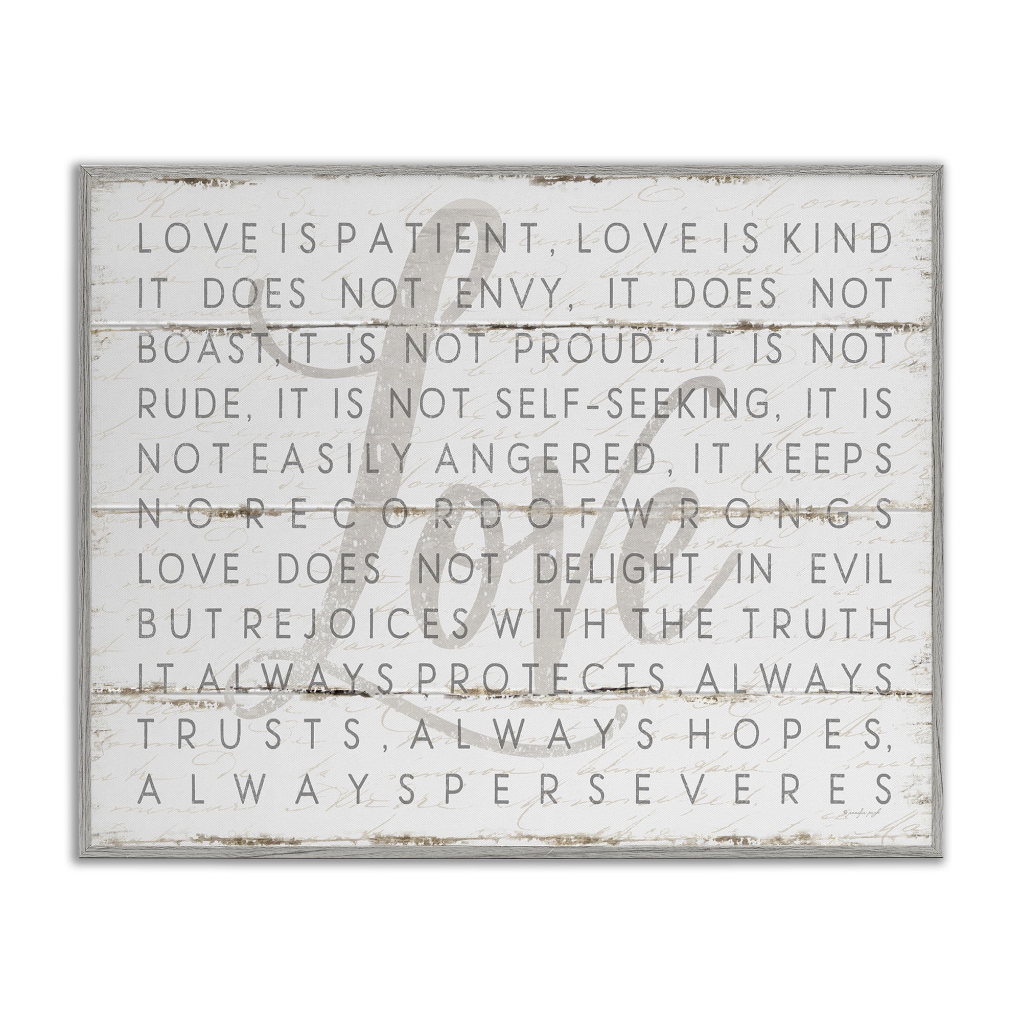 Stupell Industries Love Is Patient Grey on White Planked Look, 24 x 30,Design by Jennifer Pugh
