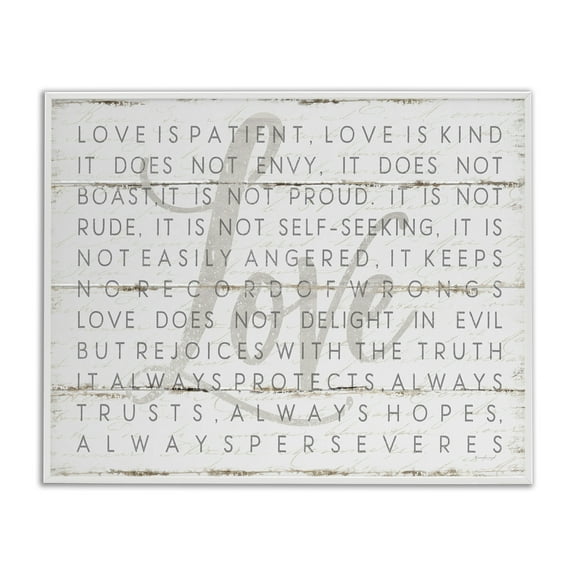 Stupell Industries Love Is Patient Grey on White Planked Look, 24 x 30,Design by Jennifer Pugh