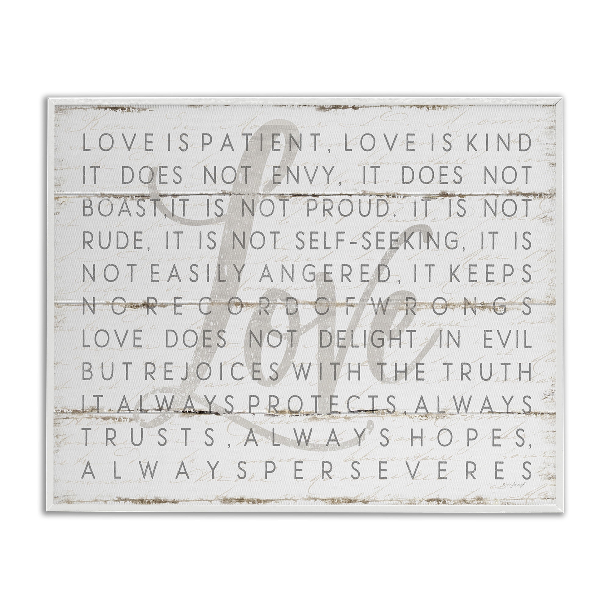 Stupell Industries Love Is Patient Grey on White Planked Look Graphic Art White Framed Art Print Wall Art, 16x20, by Jennifer Pugh