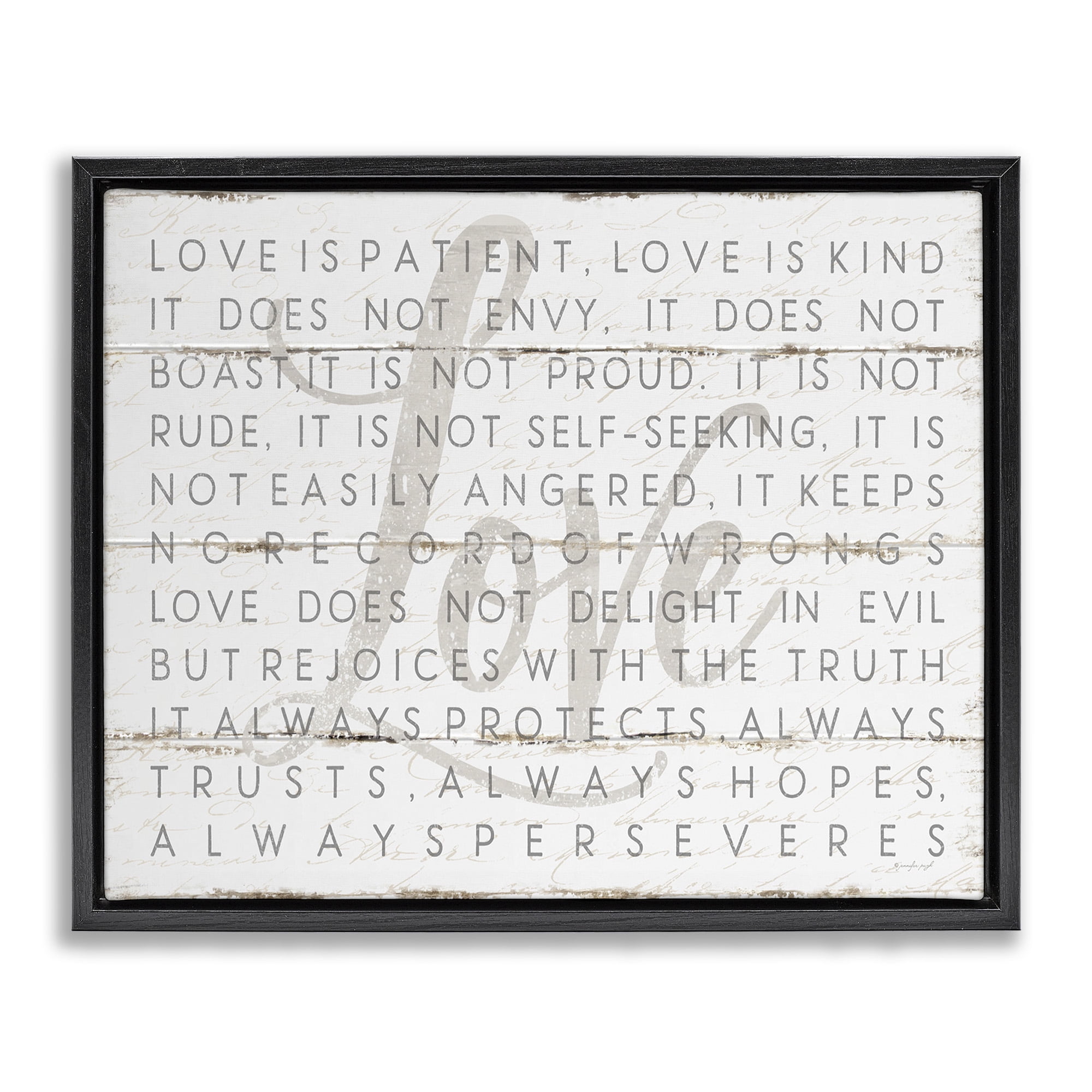Stupell Industries Love Is Patient Grey on White Planked Look Jet Black Framed Floating Canvas Wall Art, 24x30, by Jennifer Pugh