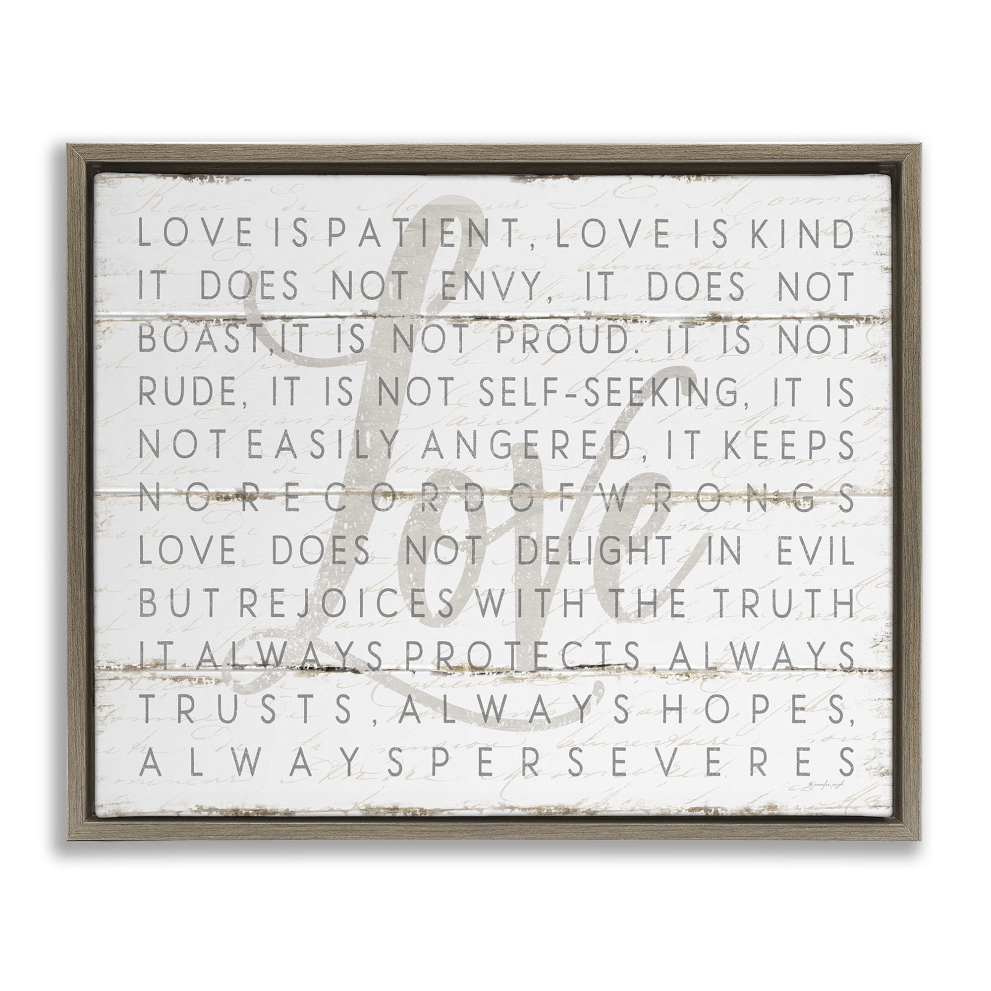 Stupell Industries Love Is Patient Grey on White Planked Look Landscape Painting Brown Floater Framed Canvas Art Print Wall Art, 31 x 25