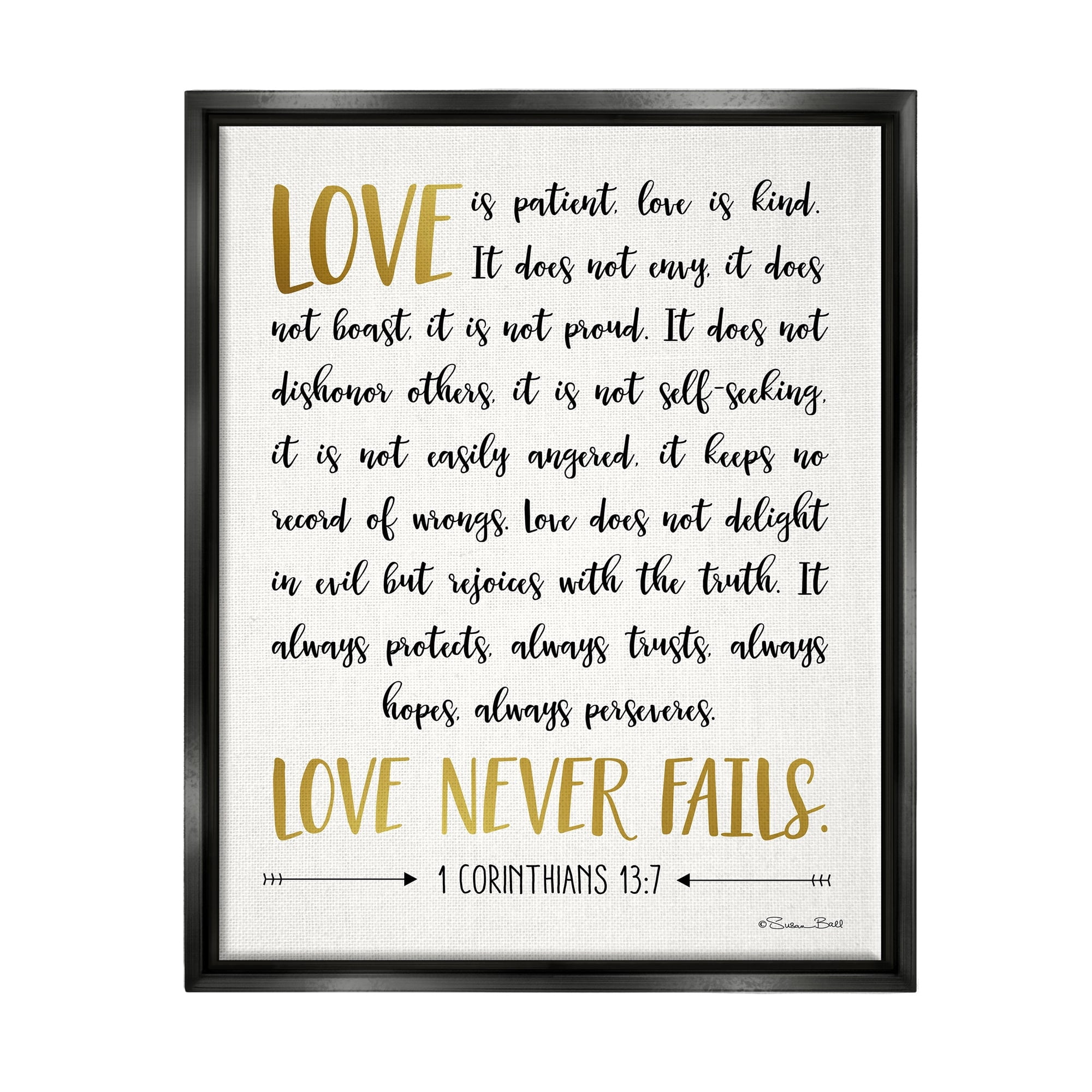 Stupell Industries Love Is Patient Psalm Faith Based Word Design Jet Black Framed Floating Canvas Wall Art, 24x30, by Susan Ball
