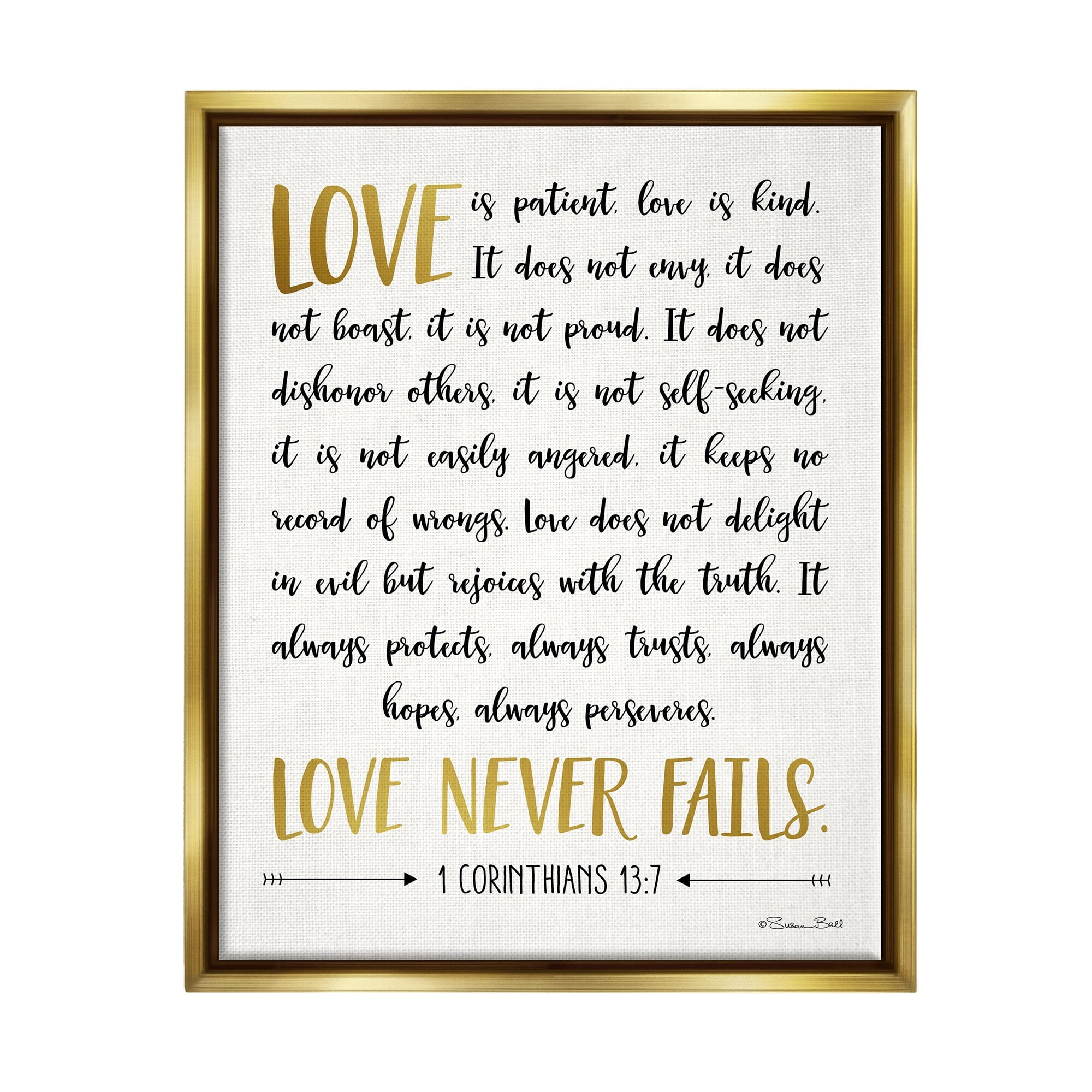 Stupell Industries Love Is Patient Psalm Faith Based Word Design Metallic Gold Framed Floating Canvas Wall Art, 16x20, by Susan Ball