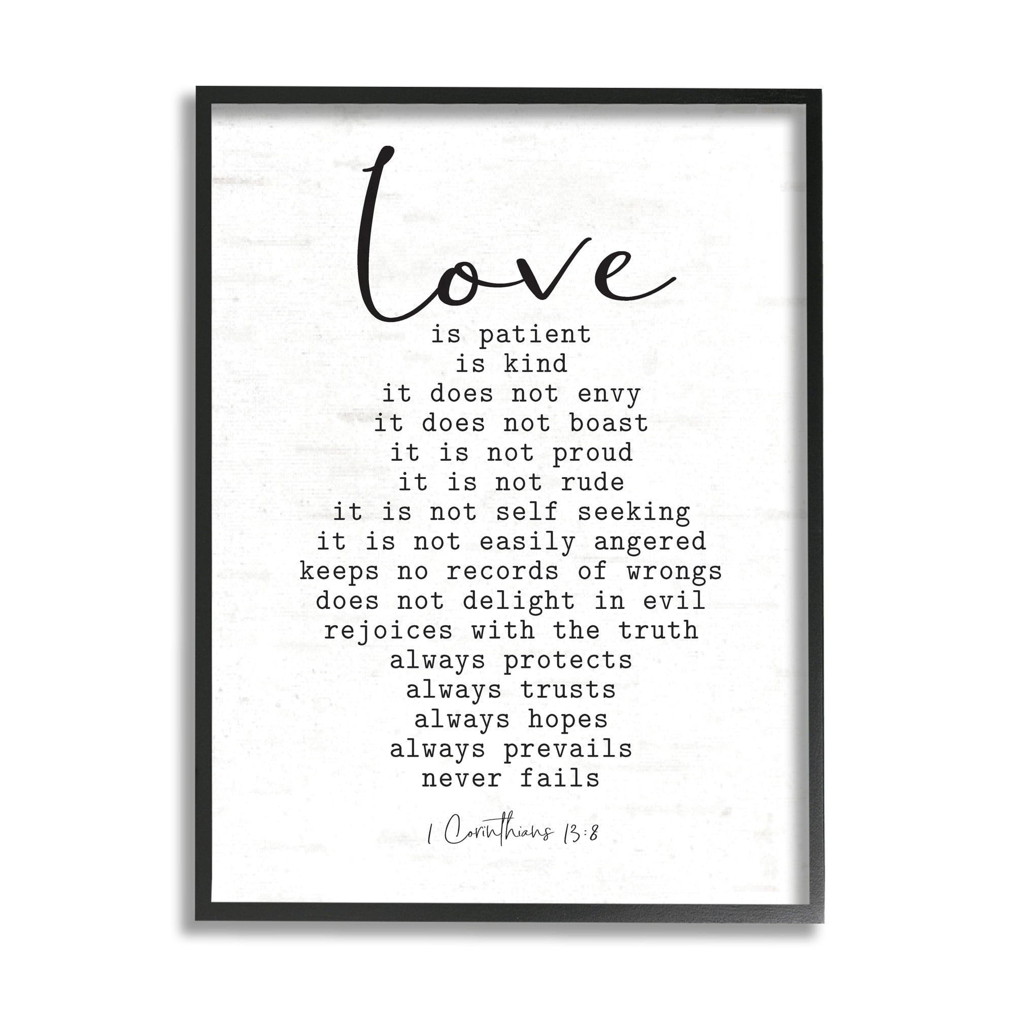 Stupell Industries Love Is... Spiritual Scripture Inspirational Religious Sentiment Graphic Art Black Framed Art Print Wall Art, Design by Lettered and Lined