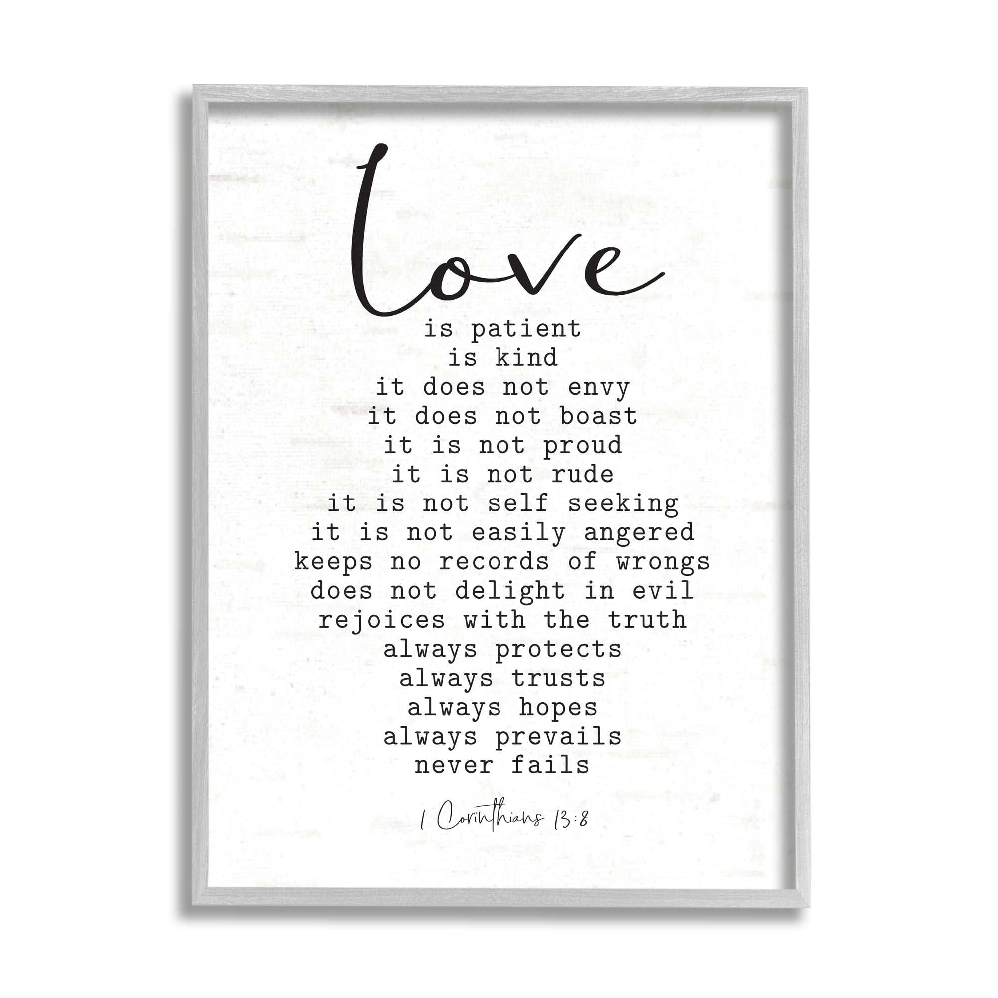Stupell Industries Love Is... Spiritual Scripture Inspirational Religious Sentiment Graphic Art Gray Framed Art Print Wall Art, Design by Lettered and Lined