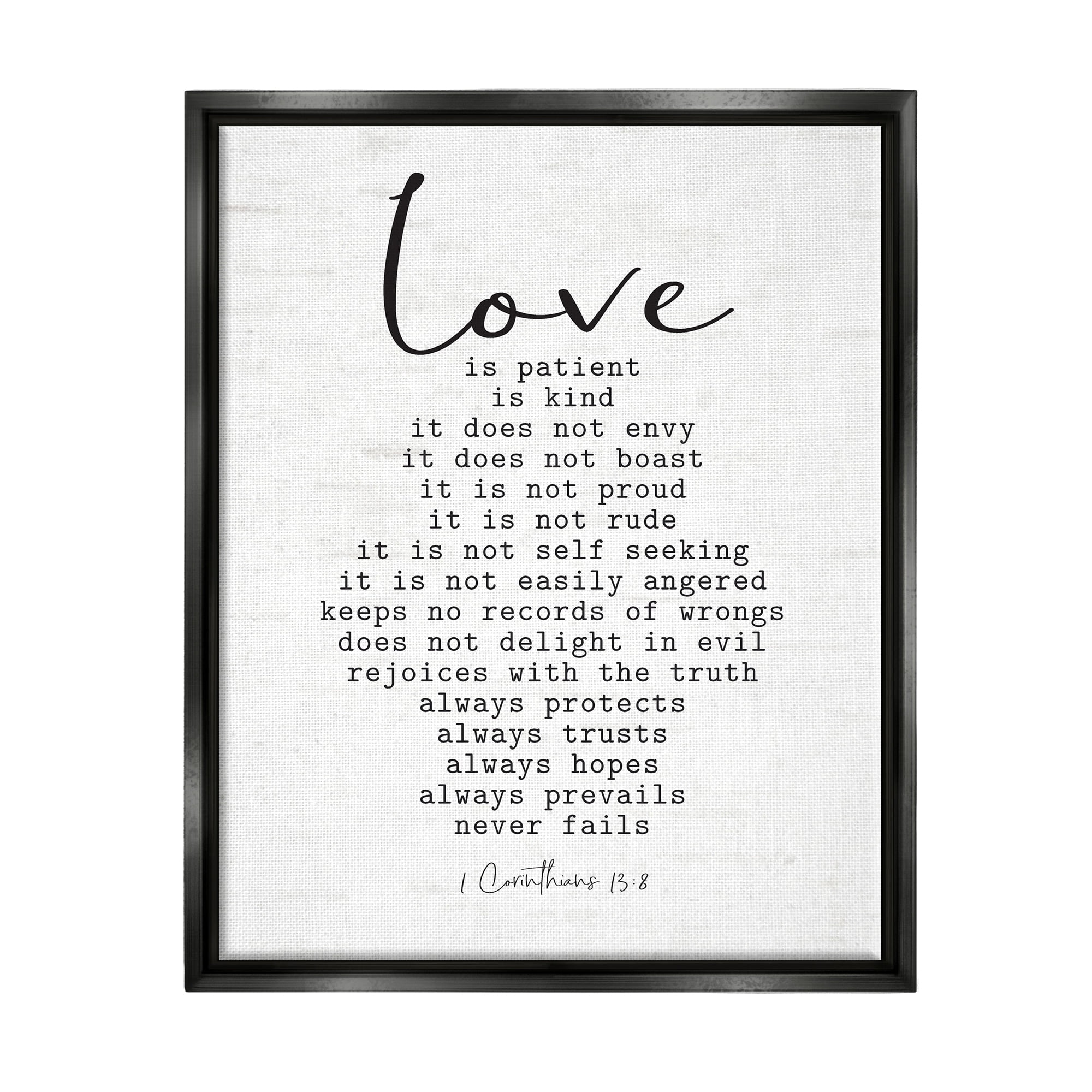 Stupell Industries Love Is... Spiritual Scripture Inspirational Religious Sentiment Graphic Art Jet Black Floating Framed Canvas Print Wall Art, Design by Lettered and Lined