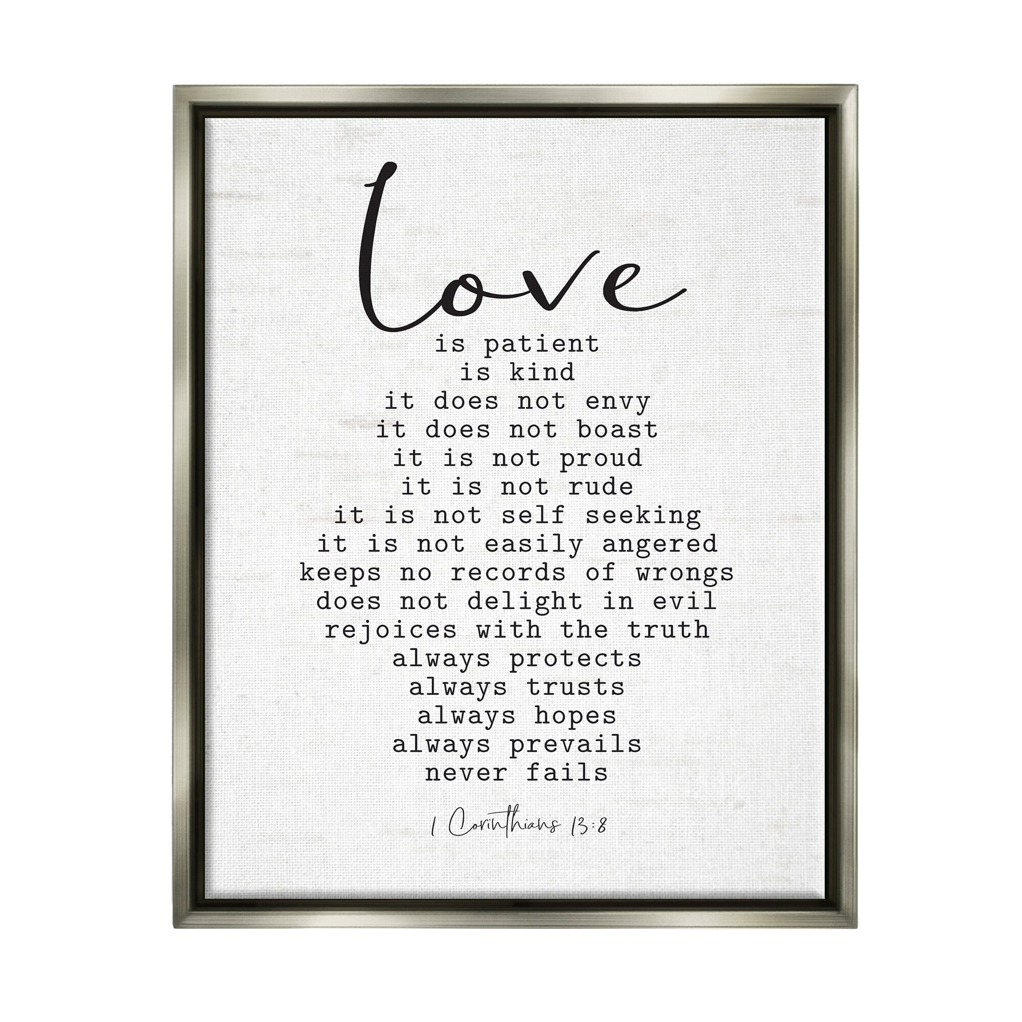 Stupell Industries Love Is... Spiritual Scripture Inspirational Religious Sentiment Graphic Art Luster Gray Floating Framed Canvas Print Wall Art, Design by Lettered and Lined