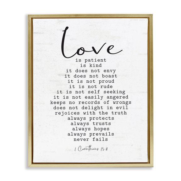Stupell Industries Traditional Love Is... Spiritual Scripture Inspirational Religious Sentiment Gold Floating Frame Canvas Art, 25 x 31, by Lettered and Lined