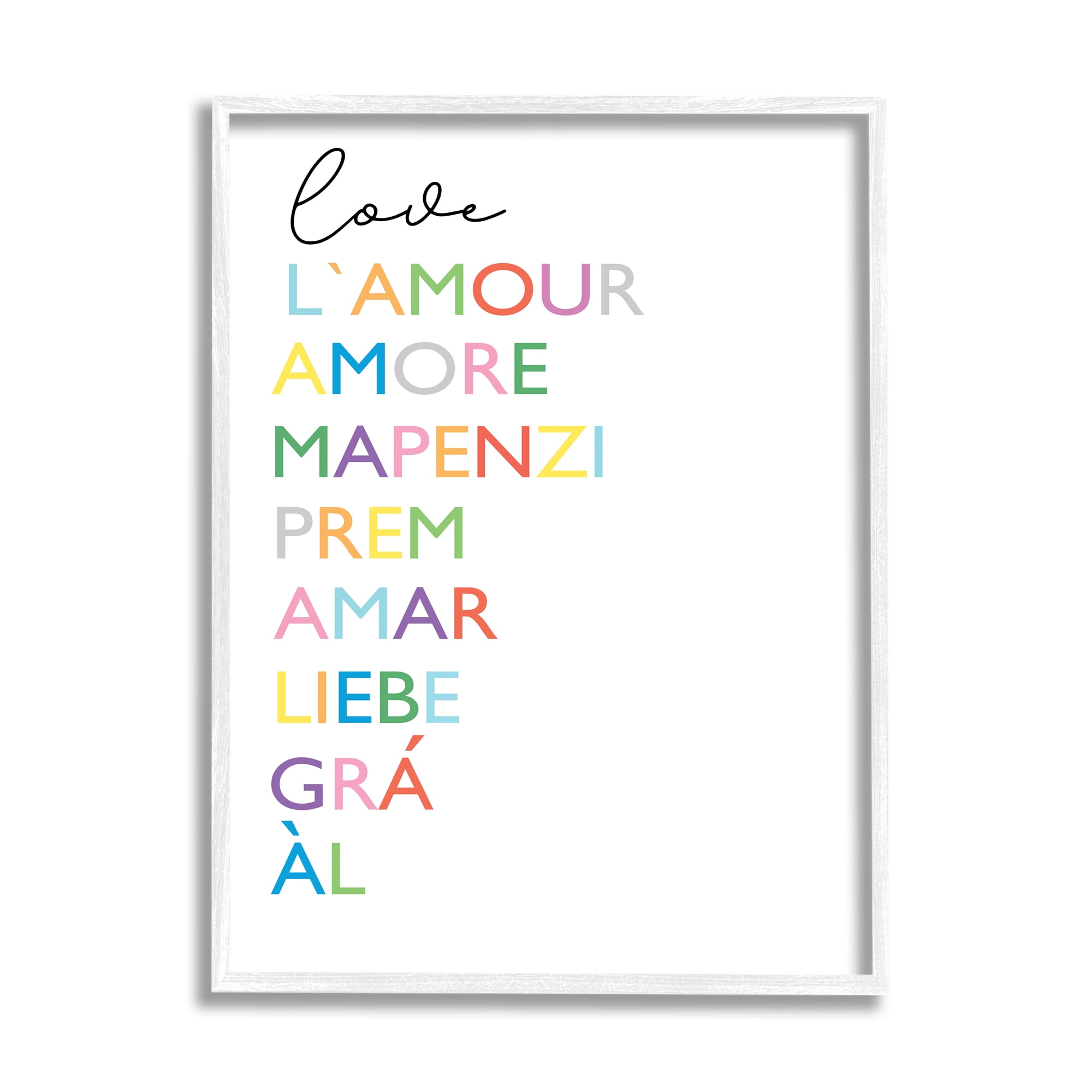 Stupell Industries Love L'Amour Amore Mapenzi Romantic Terms Rainbow Typography Graphic Art White Framed Art Print Wall Art, 11x14, by Elizabeth Tyndall