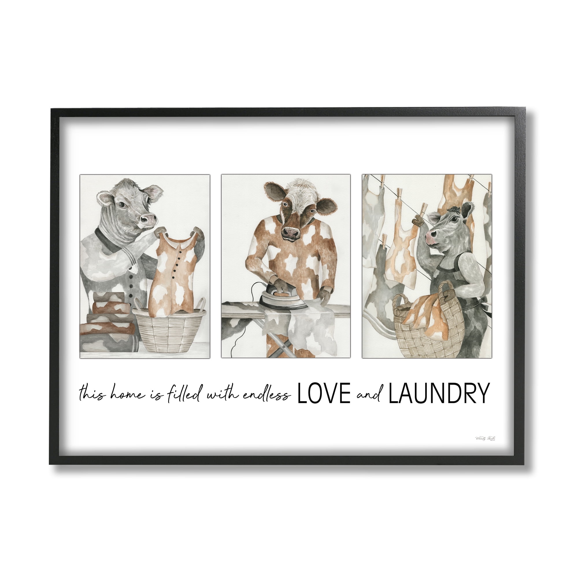 Stupell Industries Love & Laundry Cows Animals & Insects Painting Black Framed Art Print Wall Art, 14 x 11