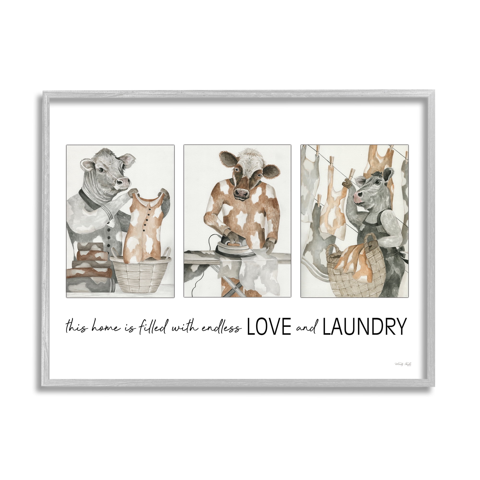 Stupell Industries Love & Laundry Cows Animals & Insects Painting Gray Framed Art Print Wall Art, 14 x 11