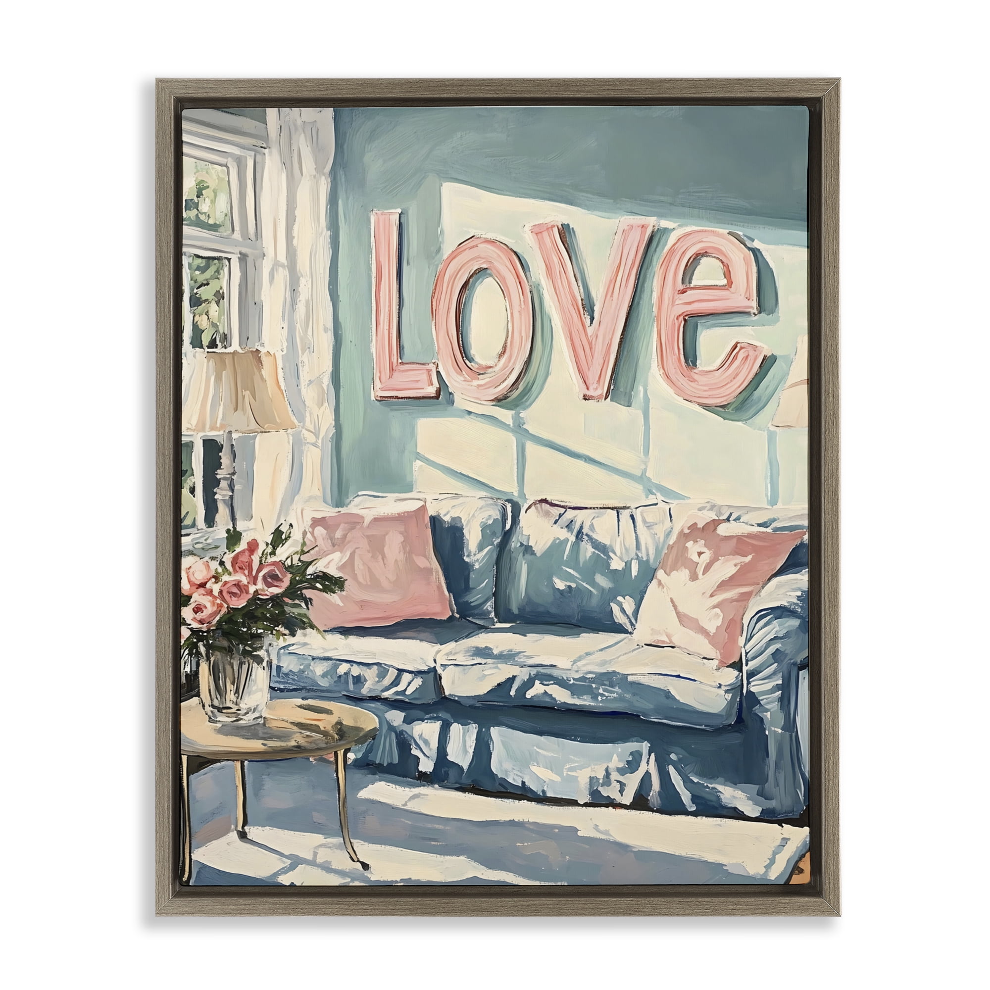 Stupell Industries Love Letters Above Cozy Couch Brown Framed Floater Canvas Wall Art, design by The Prints Vibe