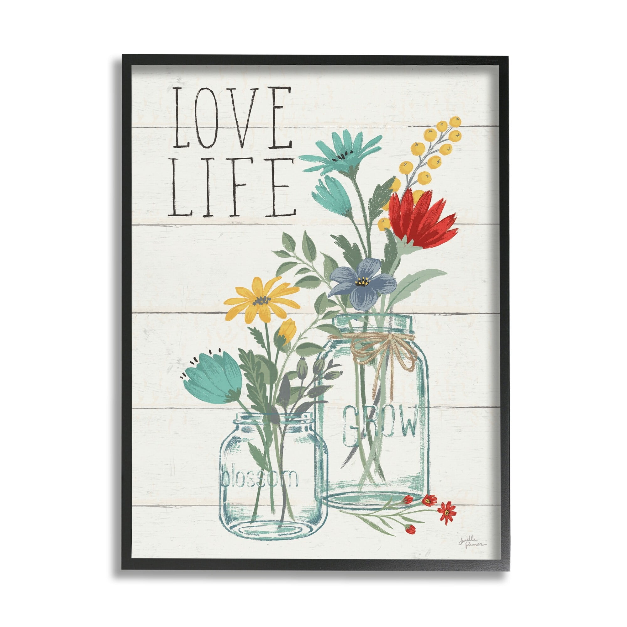 Stupell Industries Love Life Sentiment Blue Yellow Blooming Flowers Blossom Jar, 16 x 20, Design by Janelle Penner