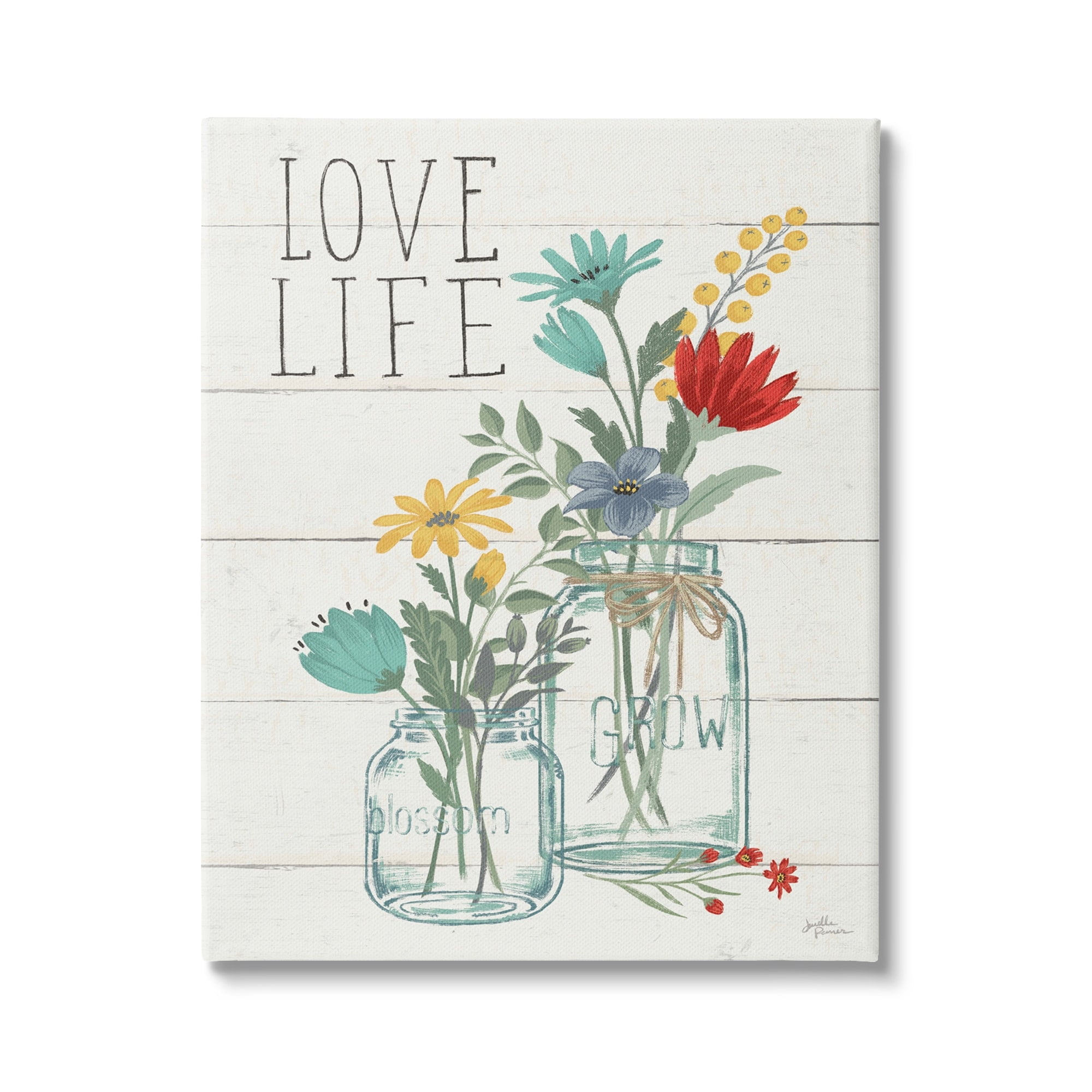 Stupell Industries Love Life Sentiment Blue Yellow Blooming Flowers Blossom Jar, 30 x 40, Design by Janelle Penner