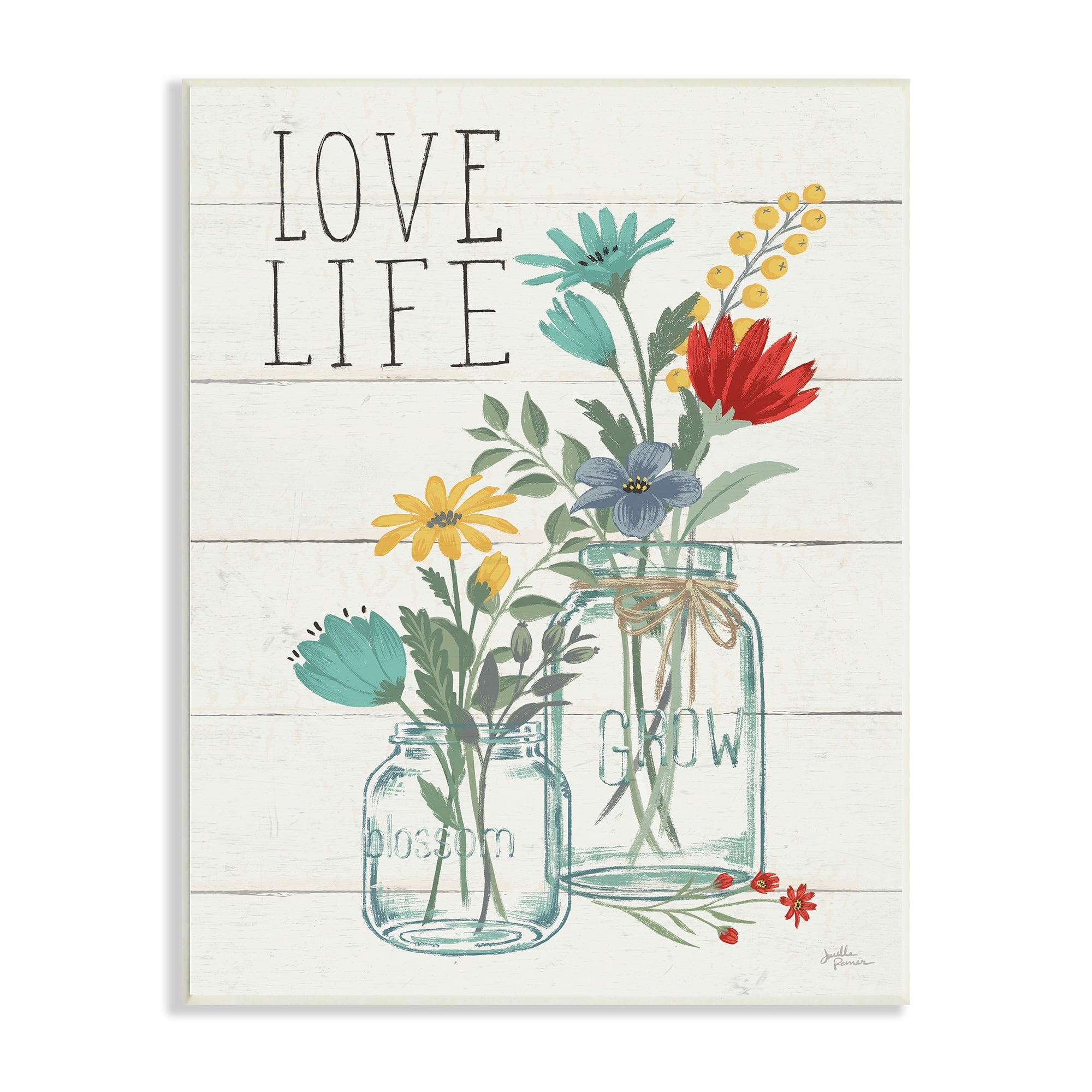 Stupell Industries Love Life Sentiment Blue Yellow Blooming Flowers Blossom Jar Graphic Art Unframed Art Print Wall Art, 10x15, by Janelle Penner
