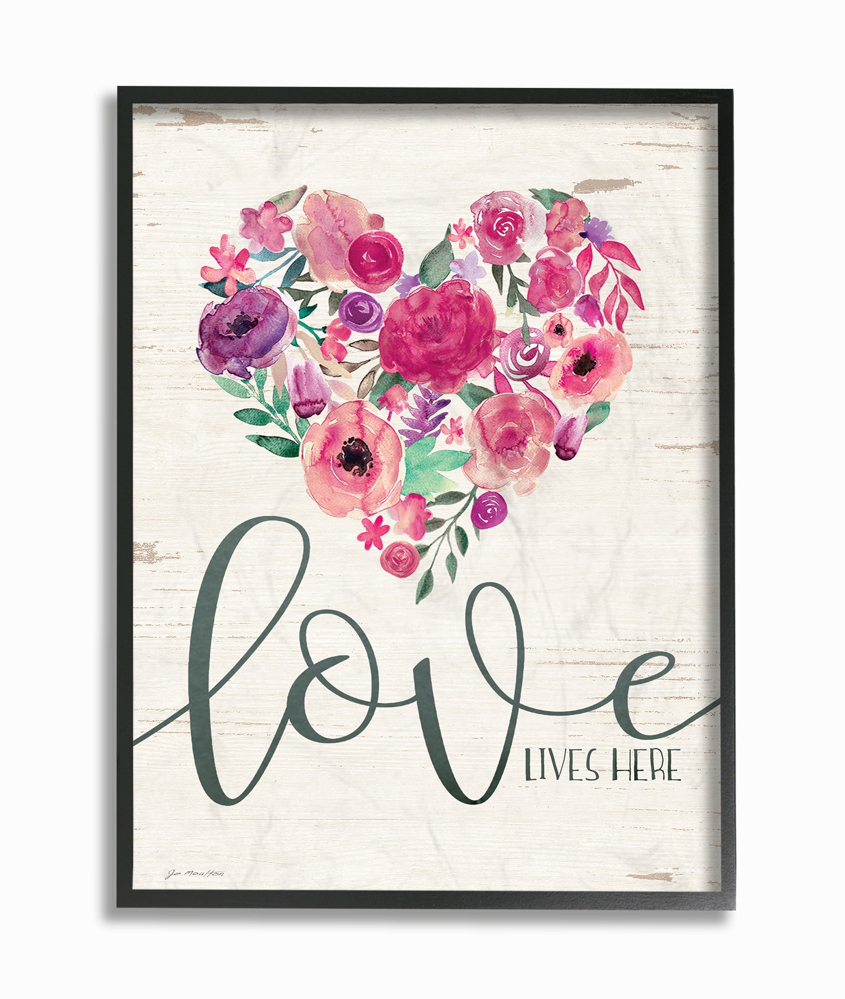 Stupell Industries Love Lives Here Flowers Heart White Wood Botanical & Floral Painting Black Framed Art Print Wall Art, 16 x 20