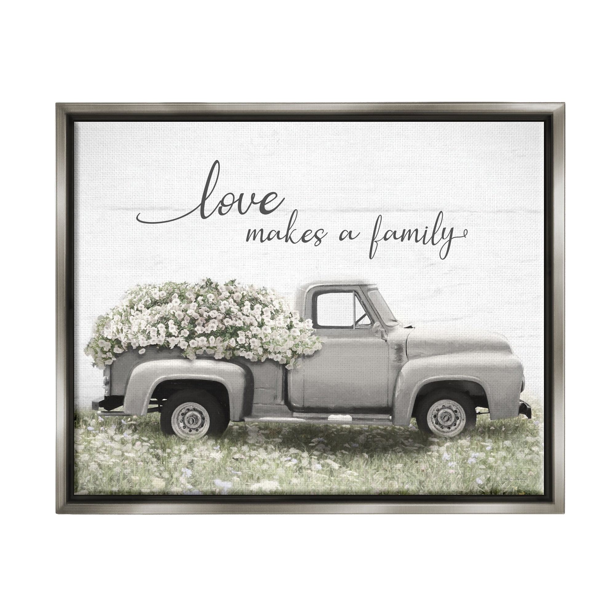 Stupell Industries Love Makes Family Flower Blossom Filled Truck Graphic Art Luster Gray Floating Framed Canvas Print Wall Art, Design by Lori Deiter