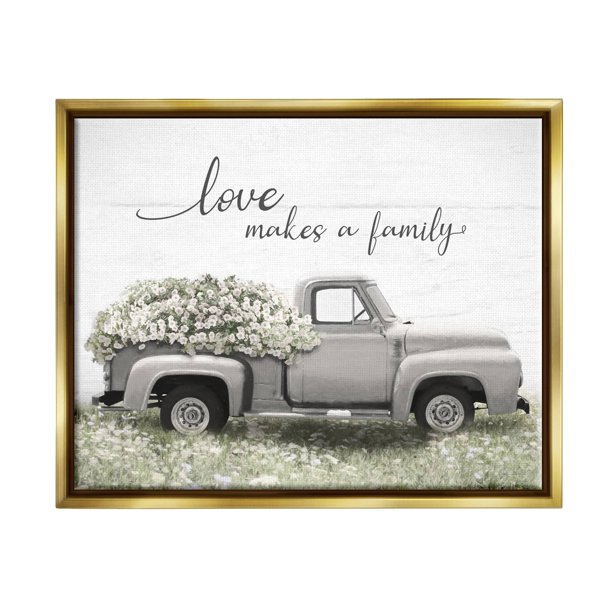 Stupell Industries Love Makes Family Flower Blossom Filled Truck Graphic Art Metallic Gold Floating Framed Canvas Print Wall Art, Design by Lori Deiter
