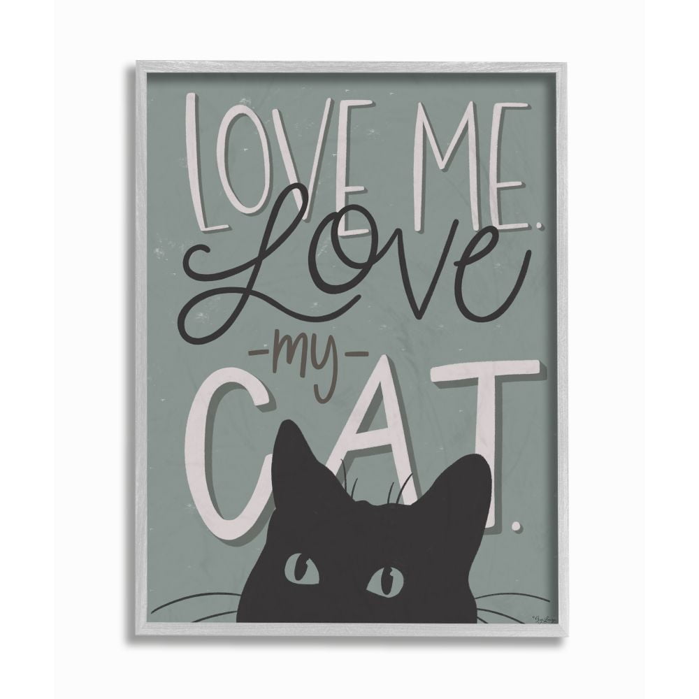 Stupell Industries Love Me Love My Cat Phrase Black Cat Green Quote Framed Wall Art Design by Gigi Louise, 16" x 20", Gray Framed