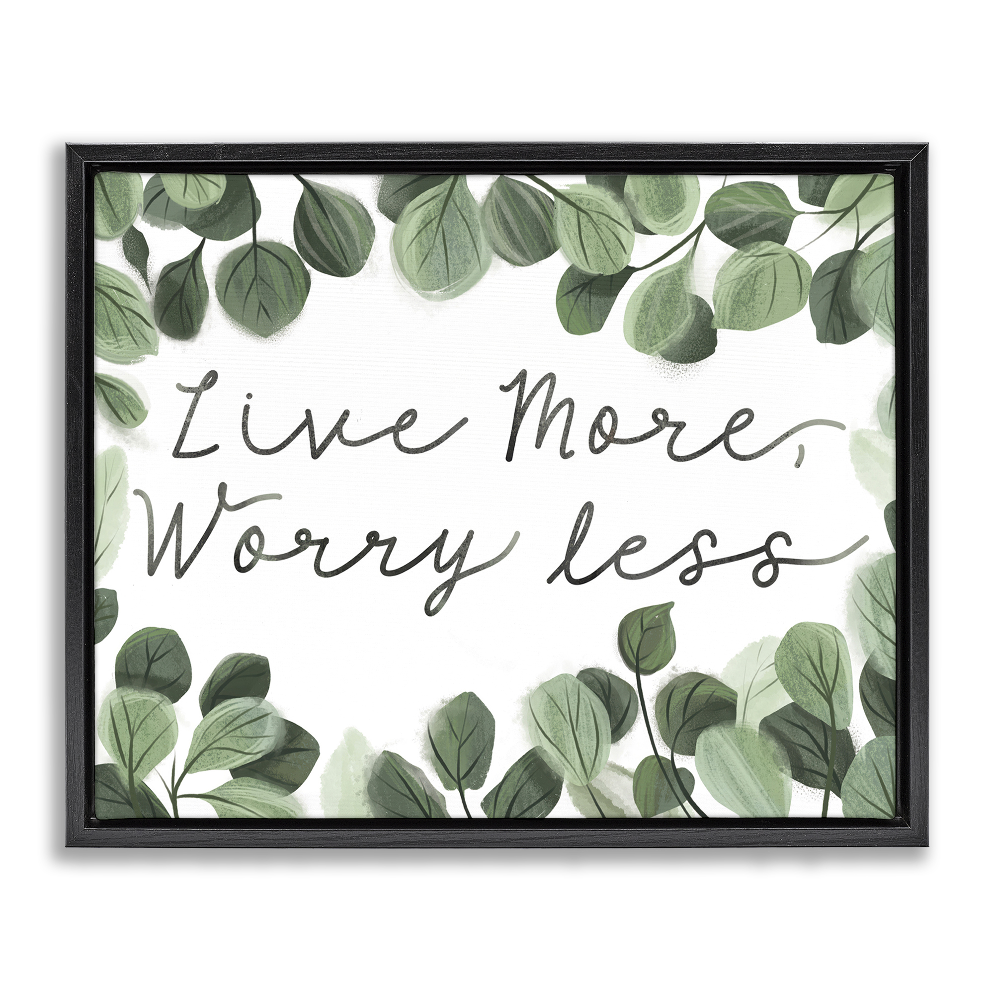 Stupell Industries Love More Worry Less Plants & Flowers Painting Black Floater Framed Canvas Art Print Wall Art, 21 x 17