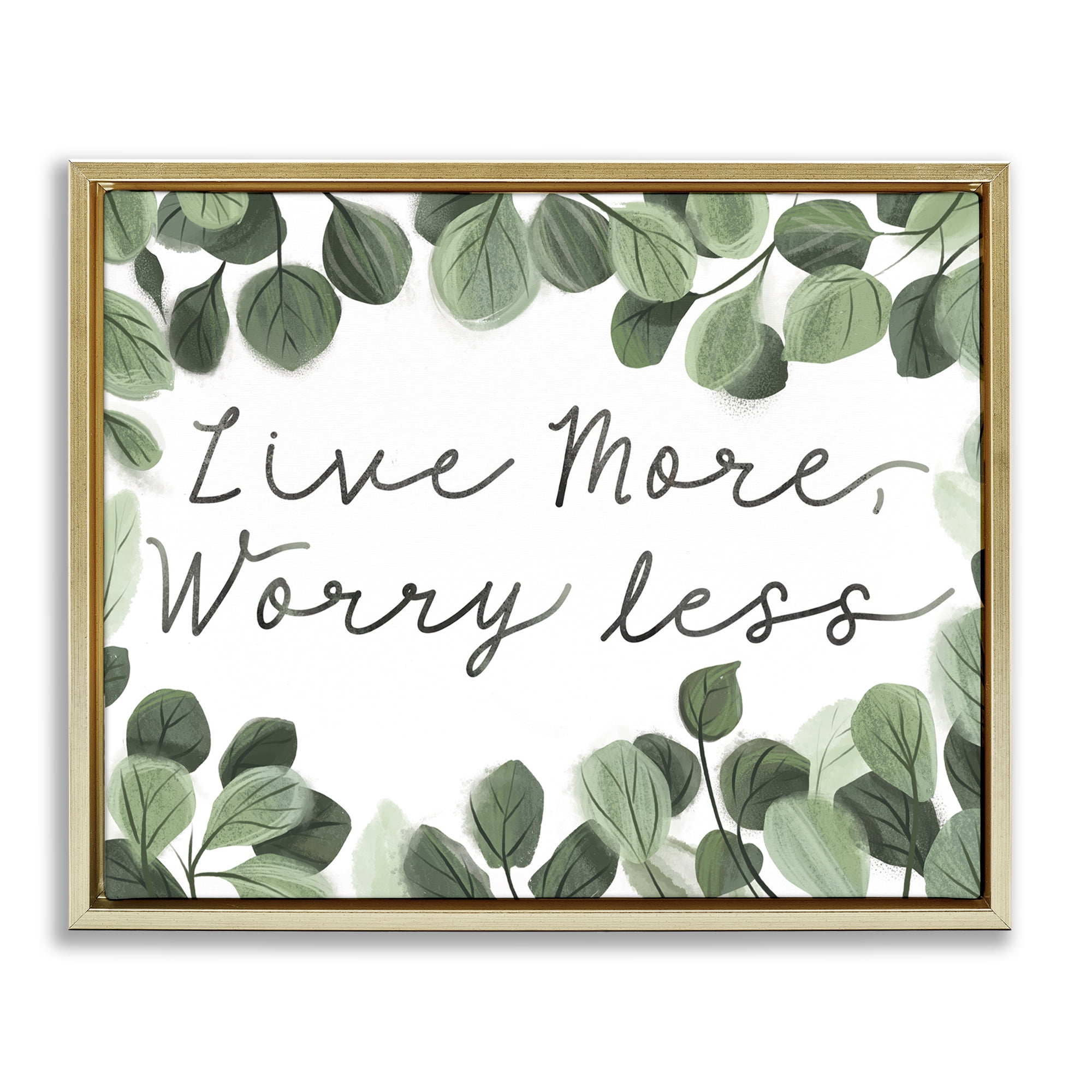 Stupell Industries Love More Worry Less Plants & Flowers Painting Gold Floater Framed Canvas Art Print Wall Art, 21 x 17