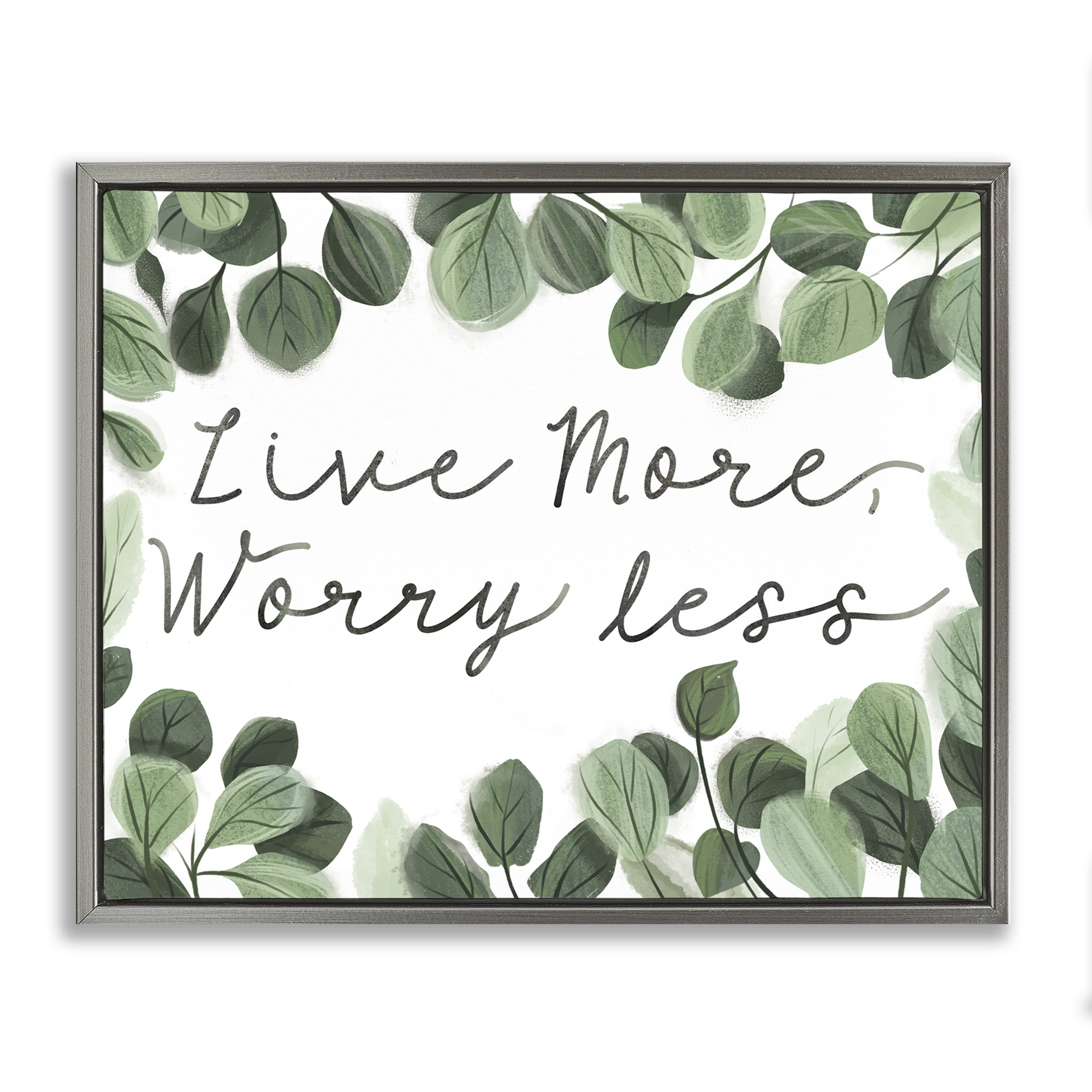 Stupell Industries Love More Worry Less Plants & Flowers Painting Gray Floater Framed Canvas Art Print Wall Art, 31 x 25