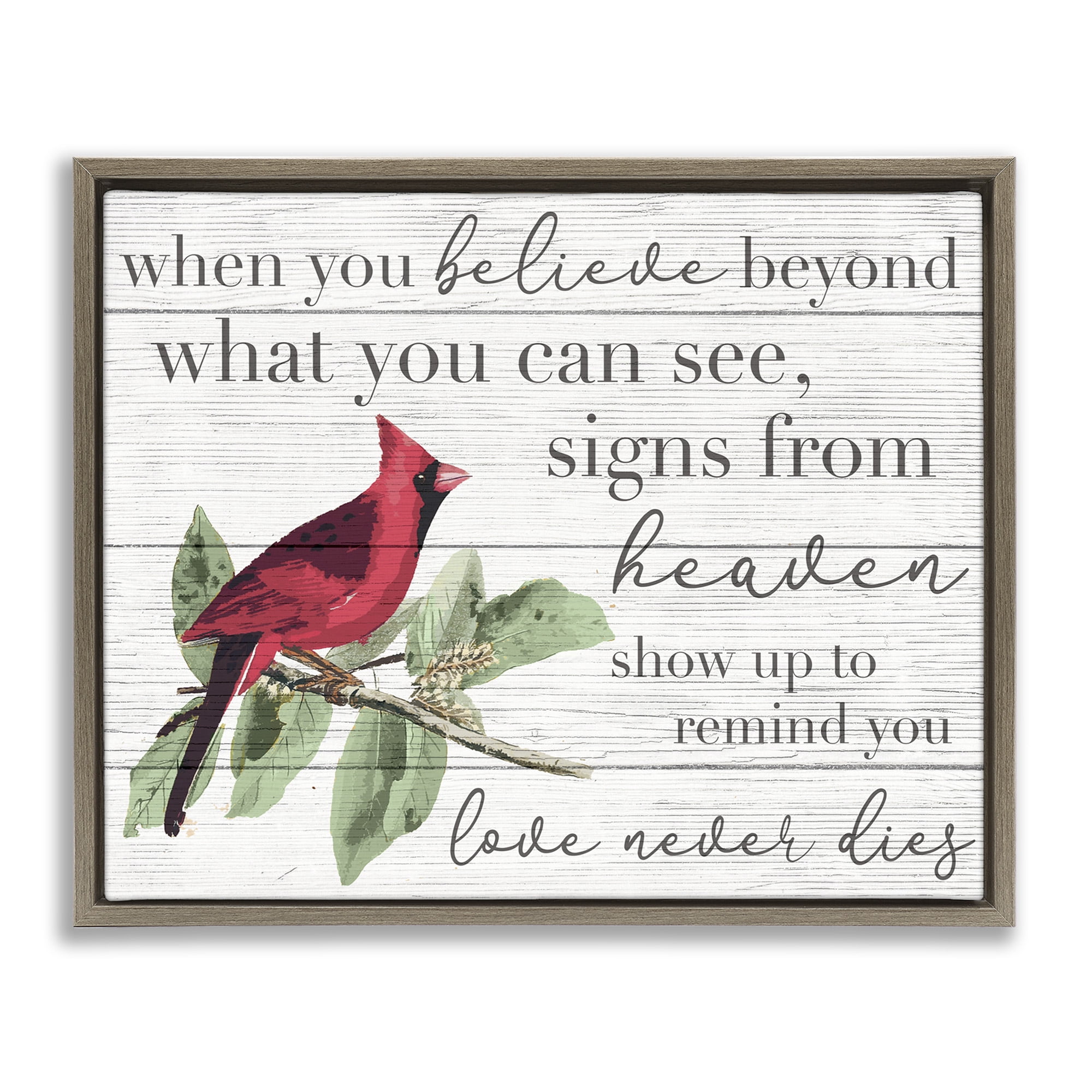Stupell Industries Love Never Dies Inspirational Cardinal Animals & Insects Painting Brown Floater Framed Canvas Art Print Wall Art, 31 x 25
