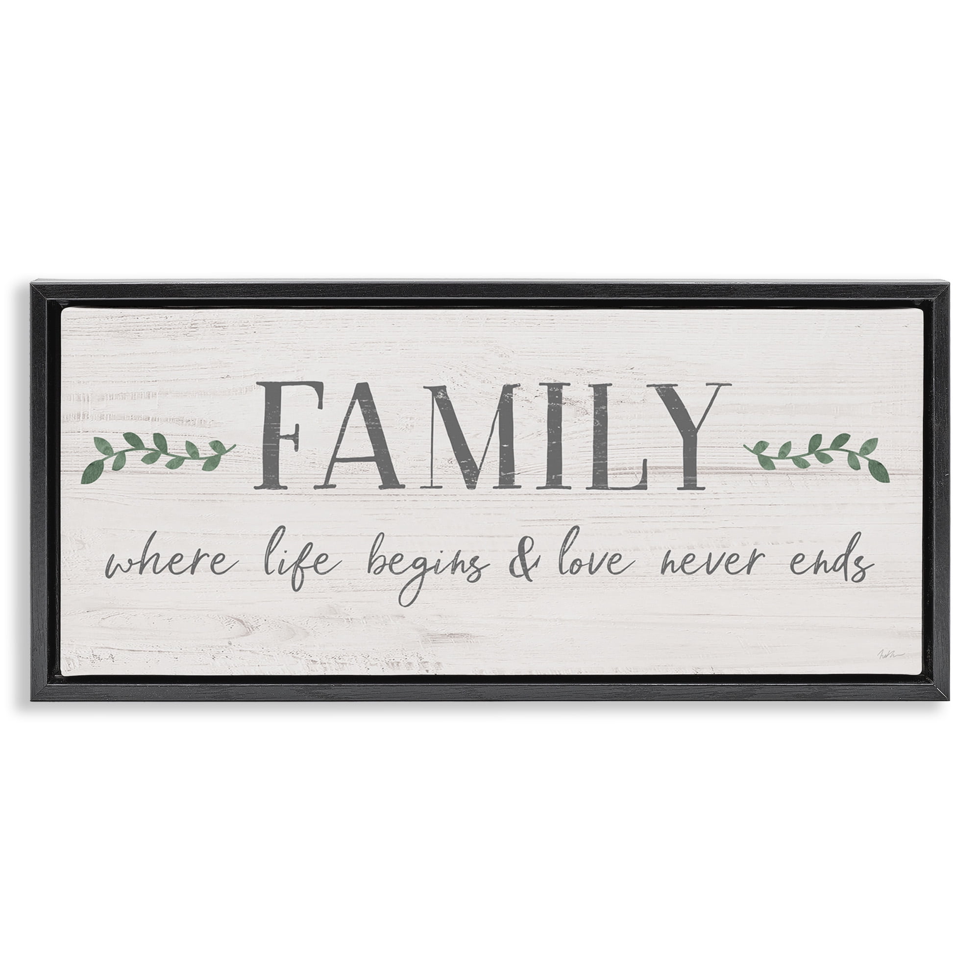 Stupell Industries Love Never Ends Family Phrase Inspirational Painting Black Floater Framed Canvas Art Print Wall Art, 25 x 11