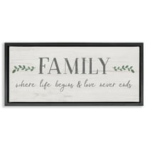 Stupell Industries Love Never Ends Family Phrase Inspirational Painting Black Floater Framed Canvas Art Print Wall Art, 25 x 11