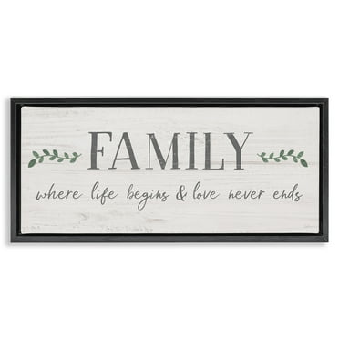 Stupell Industries Love Never Ends Family Phrase Inspirational Painting Black Floater Framed Canvas Art Print Wall Art, 25 x 11