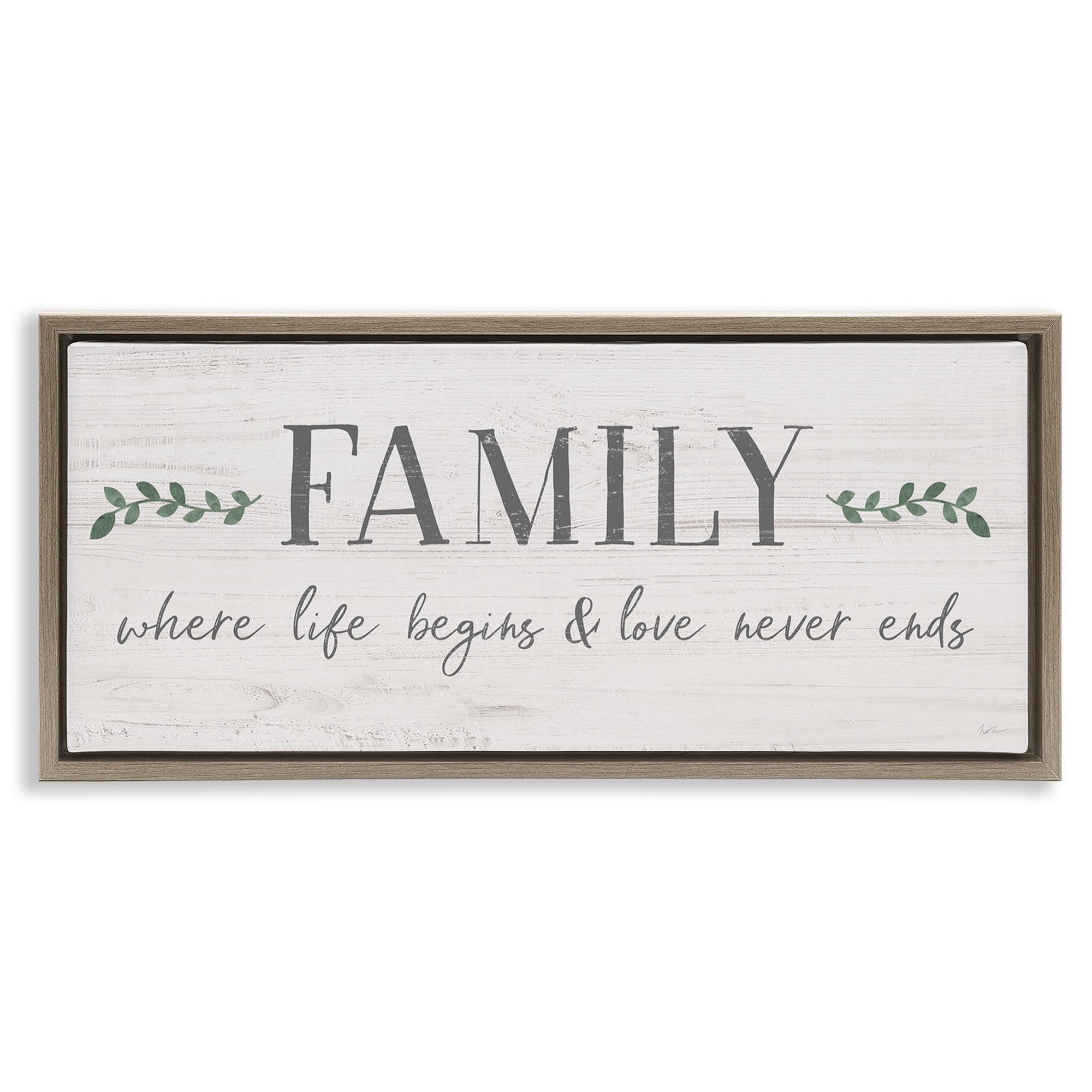 Stupell Industries Love Never Ends Family Phrase Inspirational Painting Brown Floater Framed Canvas Art Print Wall Art, 25 x 11
