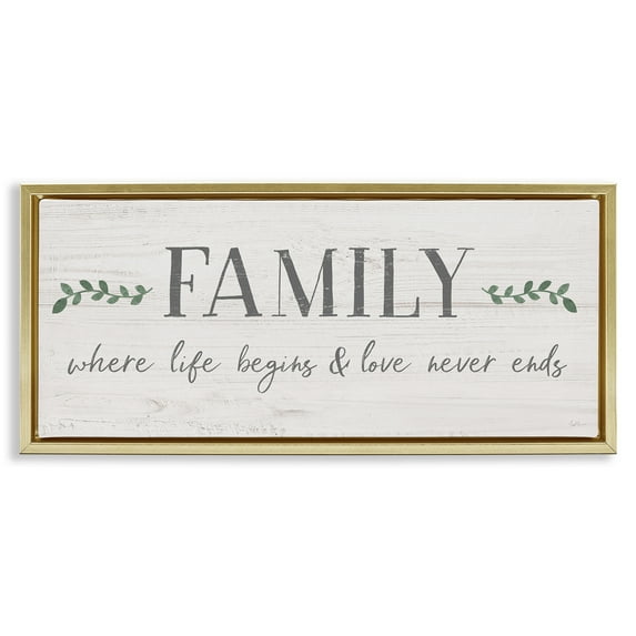 Stupell Industries Love Never Ends Family Phrase Inspirational Painting Gold Floater Framed Canvas Art Print Wall Art, 25 x 11