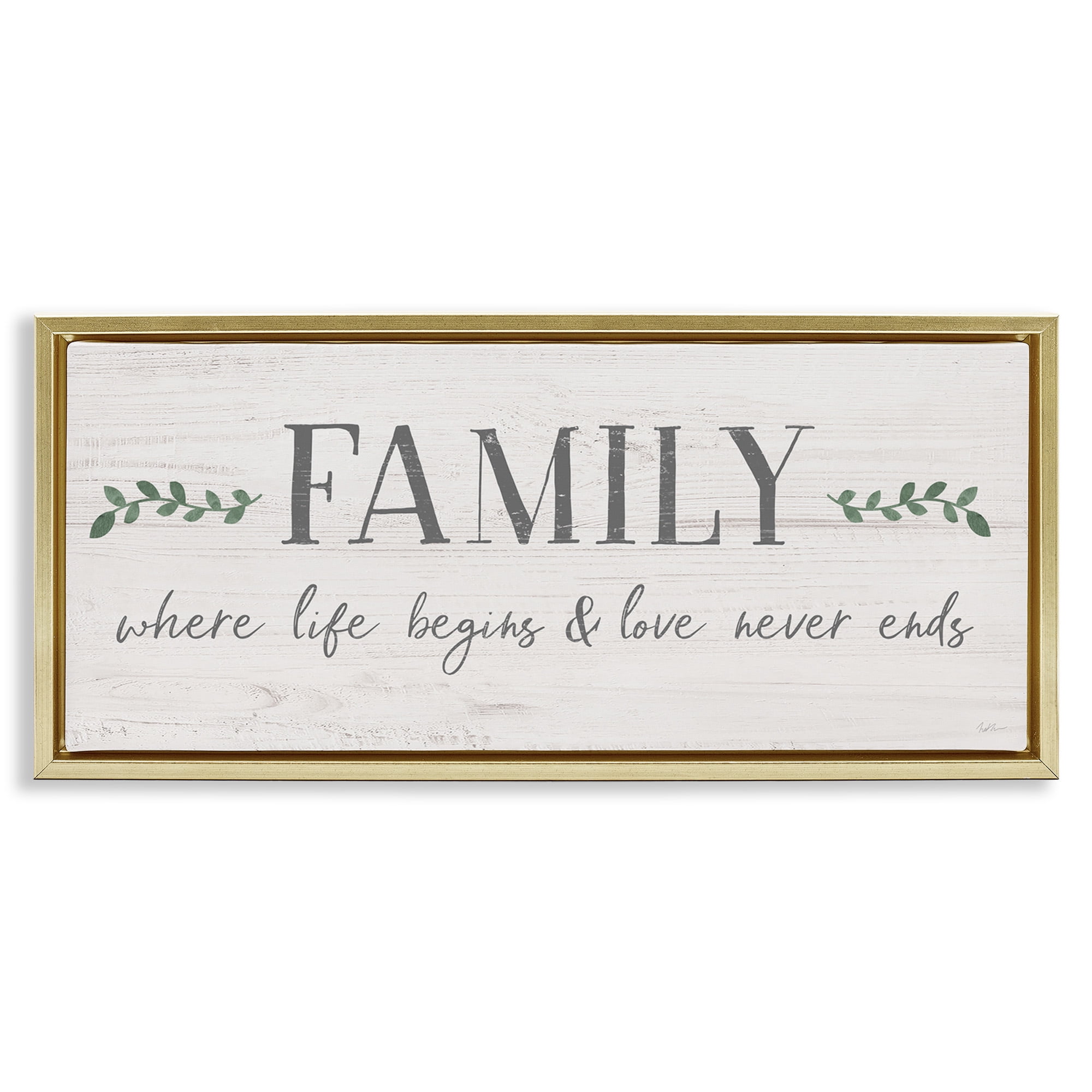 Stupell Industries Love Never Ends Family Phrase Inspirational Painting Gold Floater Framed Canvas Art Print Wall Art, 31 x 14