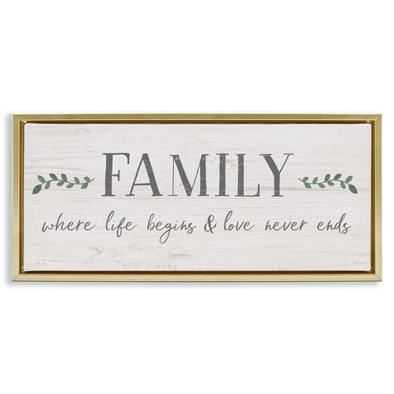 Stupell Industries Love Never Ends Family Phrase Inspirational Painting Gold Floater Framed Canvas Art Print Wall Art, 31 x 14