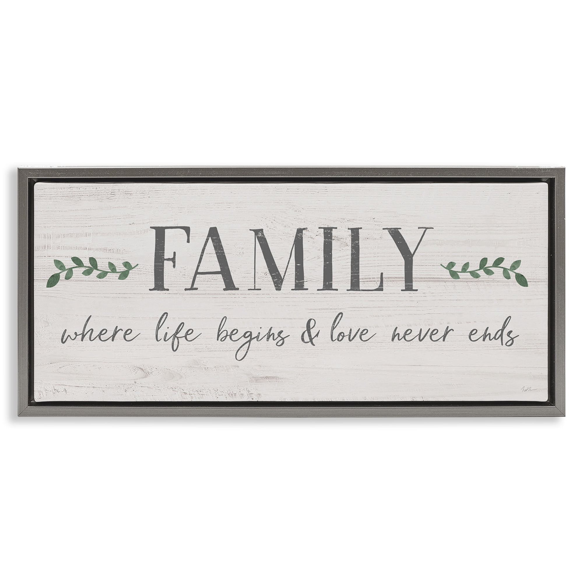 Stupell Industries Love Never Ends Family Phrase Inspirational Painting Gray Floater Framed Canvas Art Print Wall Art, 31 x 14