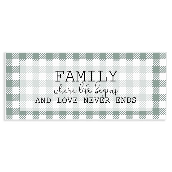 Stupell Industries Farmhouse Love Never Ends Home Family Inspirational Word Pattern Green Design Wall Plaque Art, 17 x 7, by Kim Allen