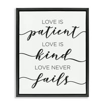 Stupell Industries Love Never Fails Phrase Typography Painting Black Floater Framed Art Print Wall Art, 17 x 21