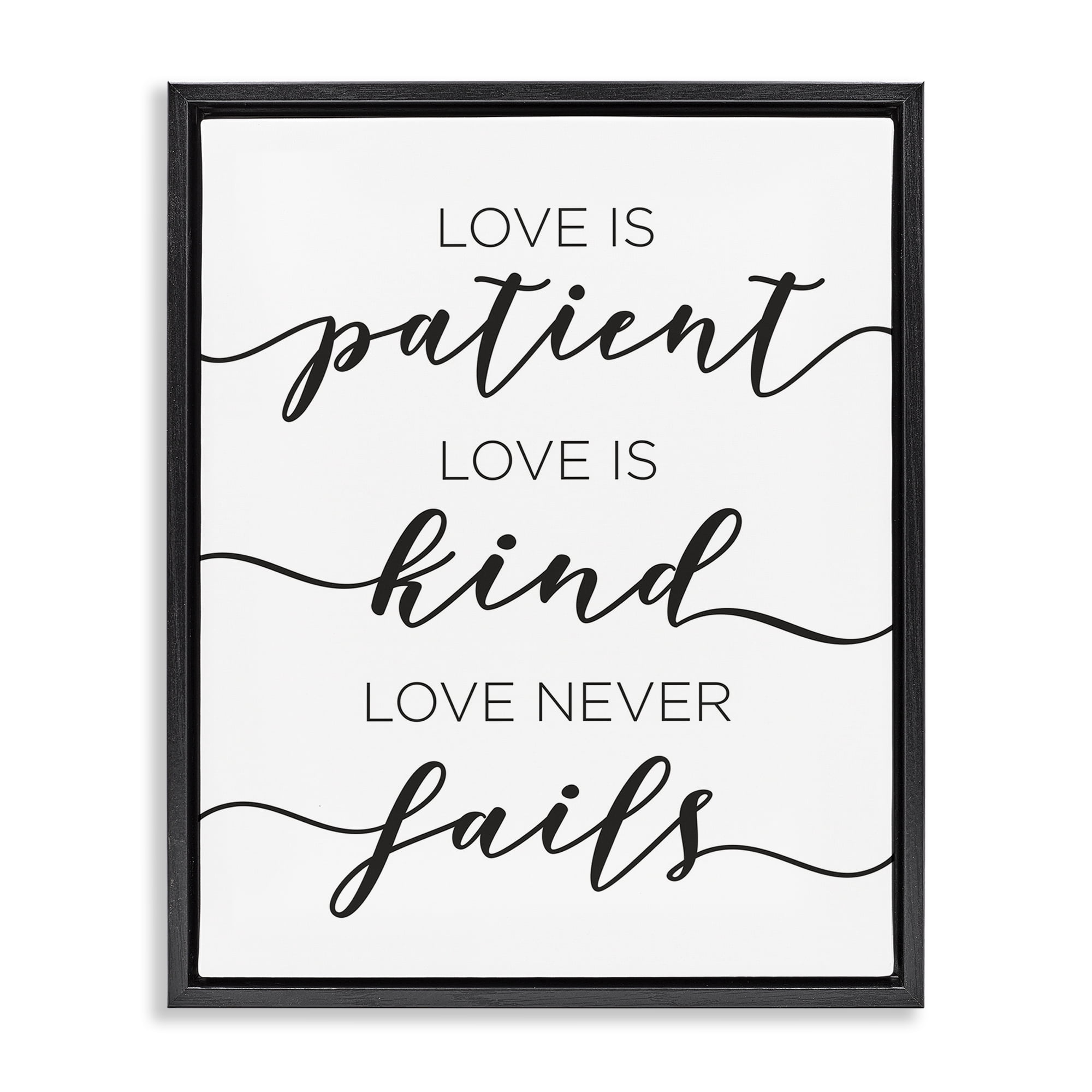 Stupell Industries Love Never Fails Phrase Typography Painting Black Floater Framed Art Print Wall Art, 25 x 31