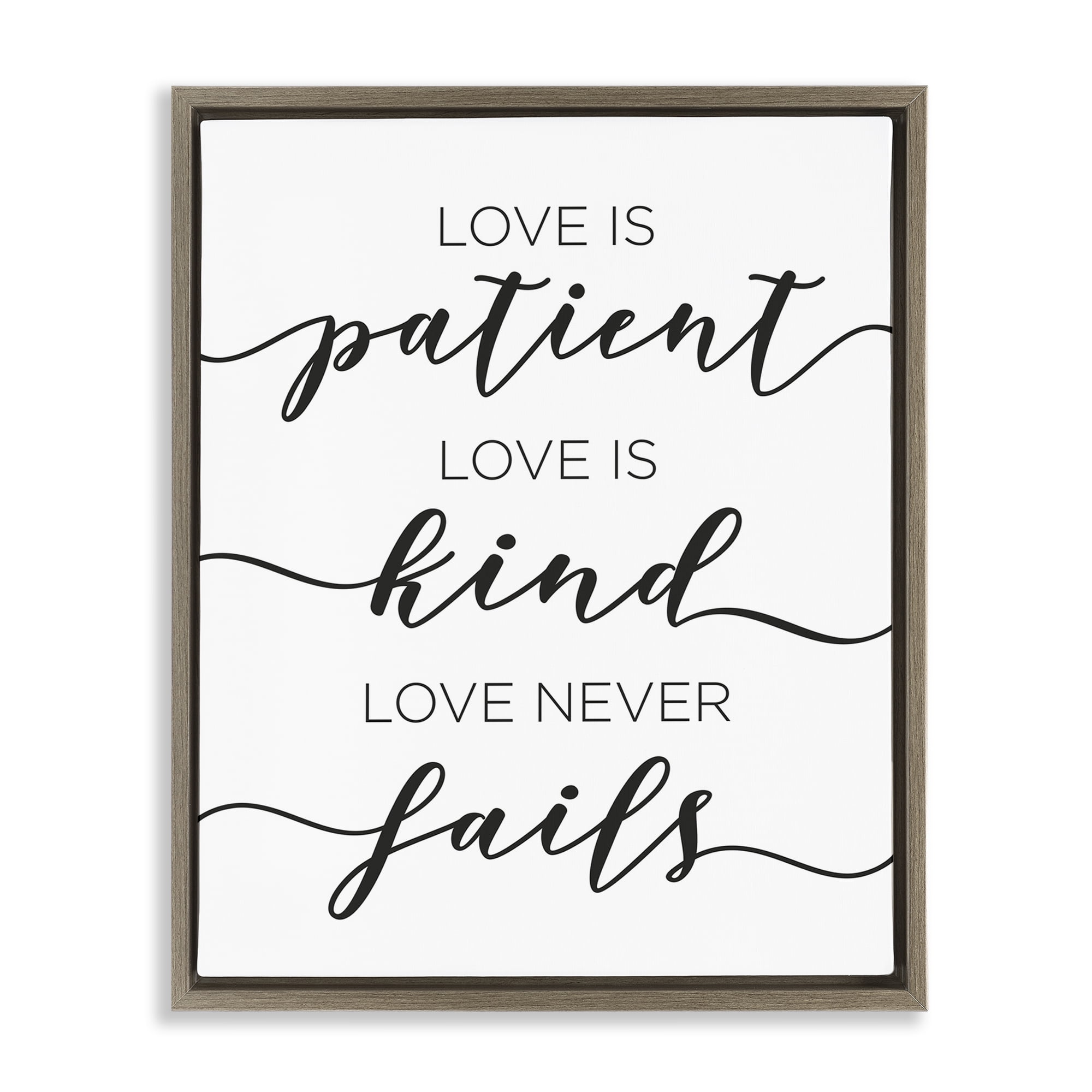 Stupell Industries Love Never Fails Phrase Typography Painting Brown Floater Framed Art Print Wall Art, 17 x 21