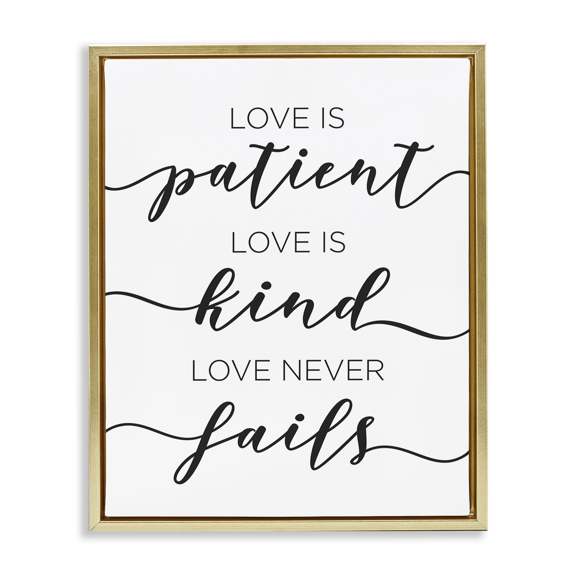 Stupell Industries Love Never Fails Phrase Typography Painting Gold Floater Framed Art Print Wall Art, 17 x 21