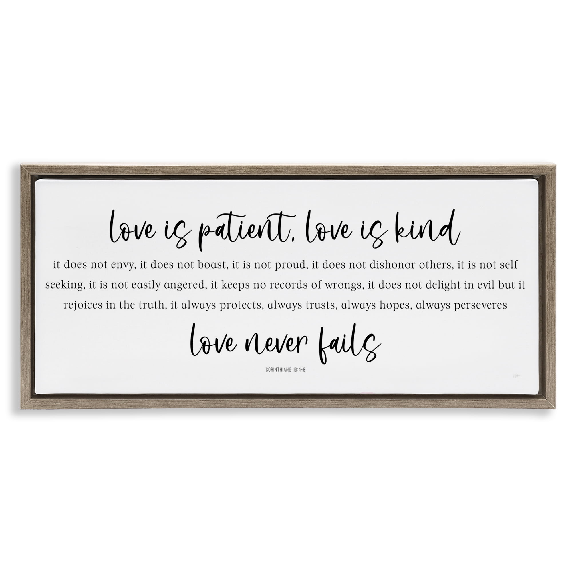 Stupell Industries Love Never Fails Proverb Brown Framed Floater Canvas Wall Art, design by Natalie Carpentieri