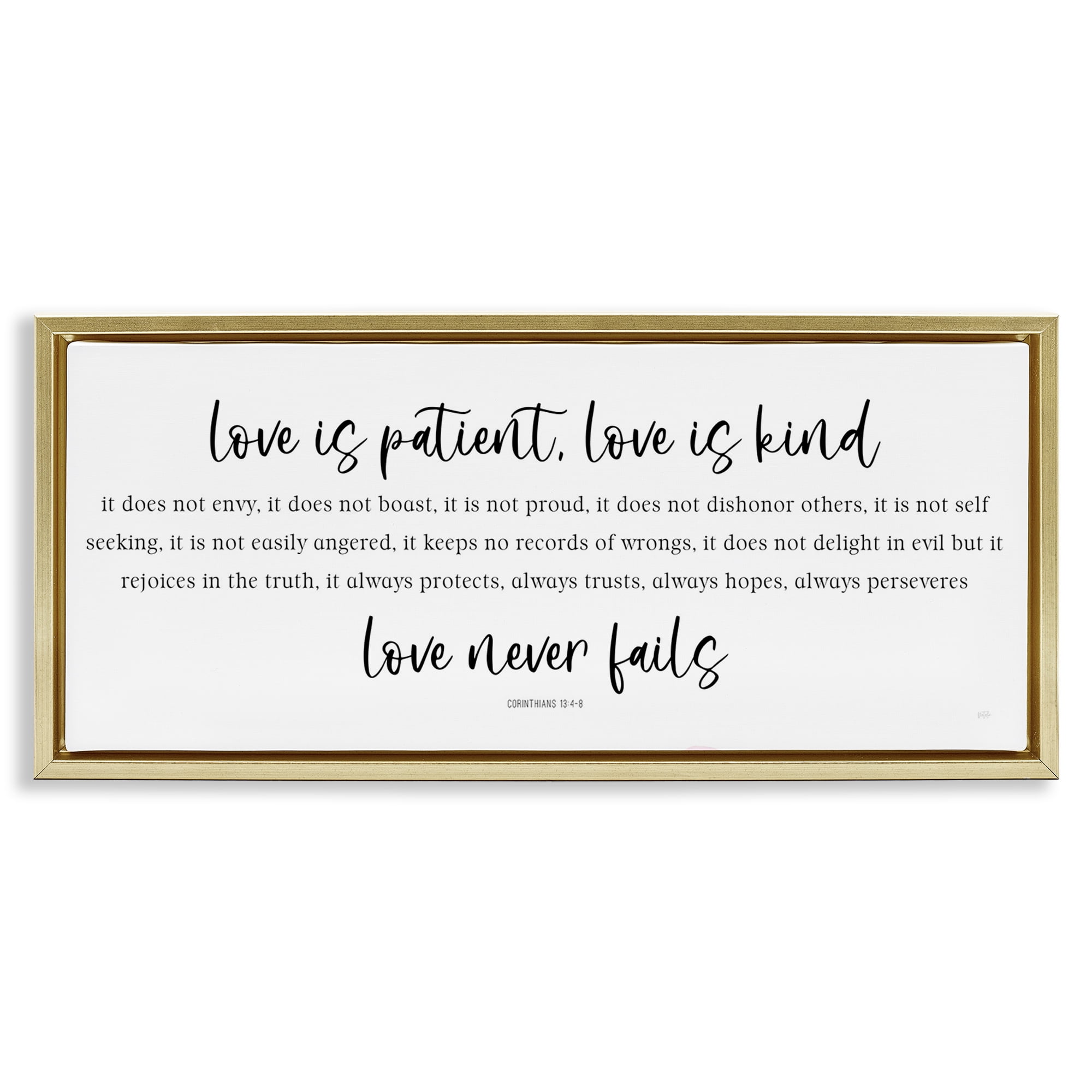 Stupell Industries Love Never Fails Proverb Gold Framed Floater Canvas Wall Art, design by Natalie Carpentieri