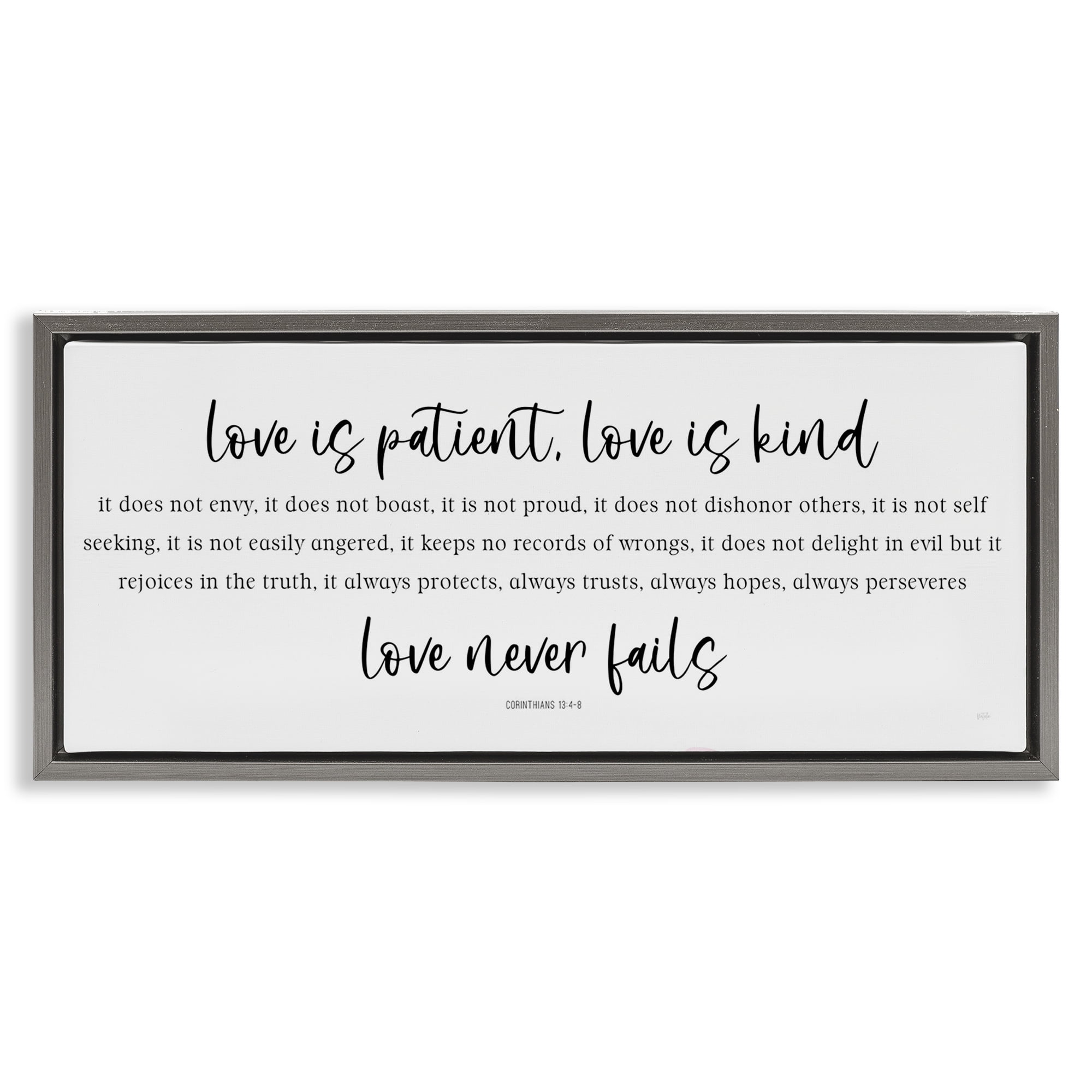 Stupell Industries Love Never Fails Proverb Gray Framed Floater Canvas Wall Art, design by Natalie Carpentieri