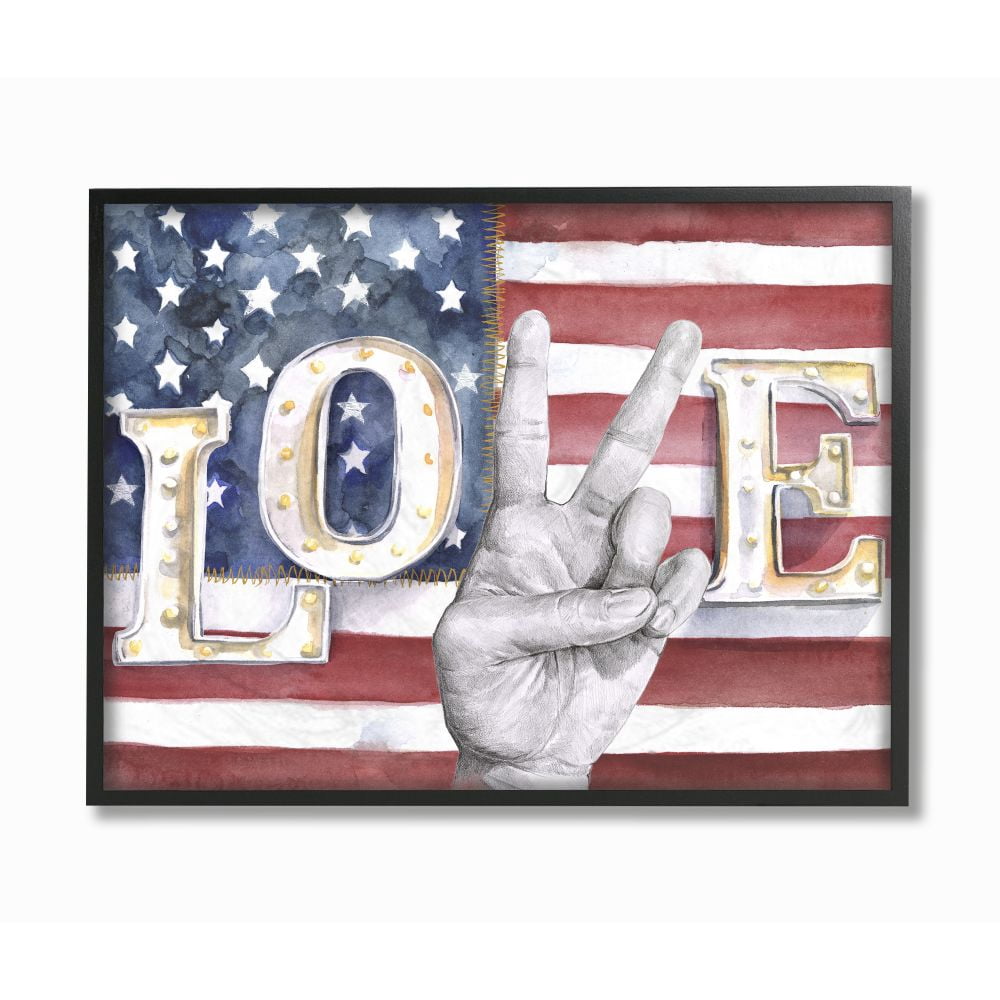 Stupell Industries Love Peace Sign Hand American Flag Design Graphic Art Black Framed Art Print Wall Art, 16x20, by Jennifer Paxton Parker