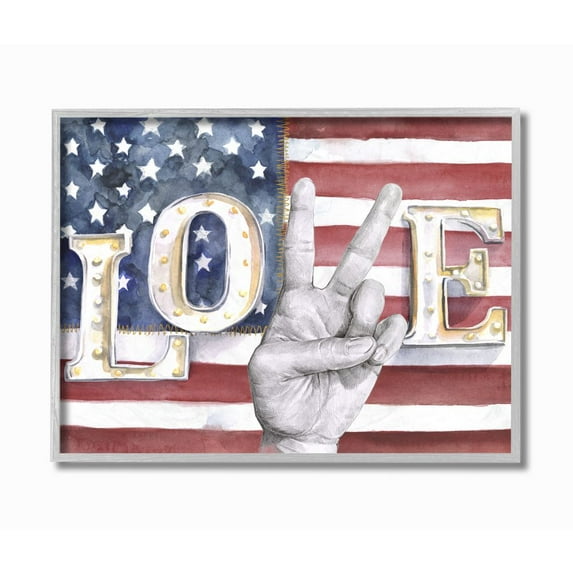 Stupell Industries Love Peace Sign Hand American Flag Design Graphic Art Gray Framed Art Print Wall Art, 16x20, by Jennifer Paxton Parker