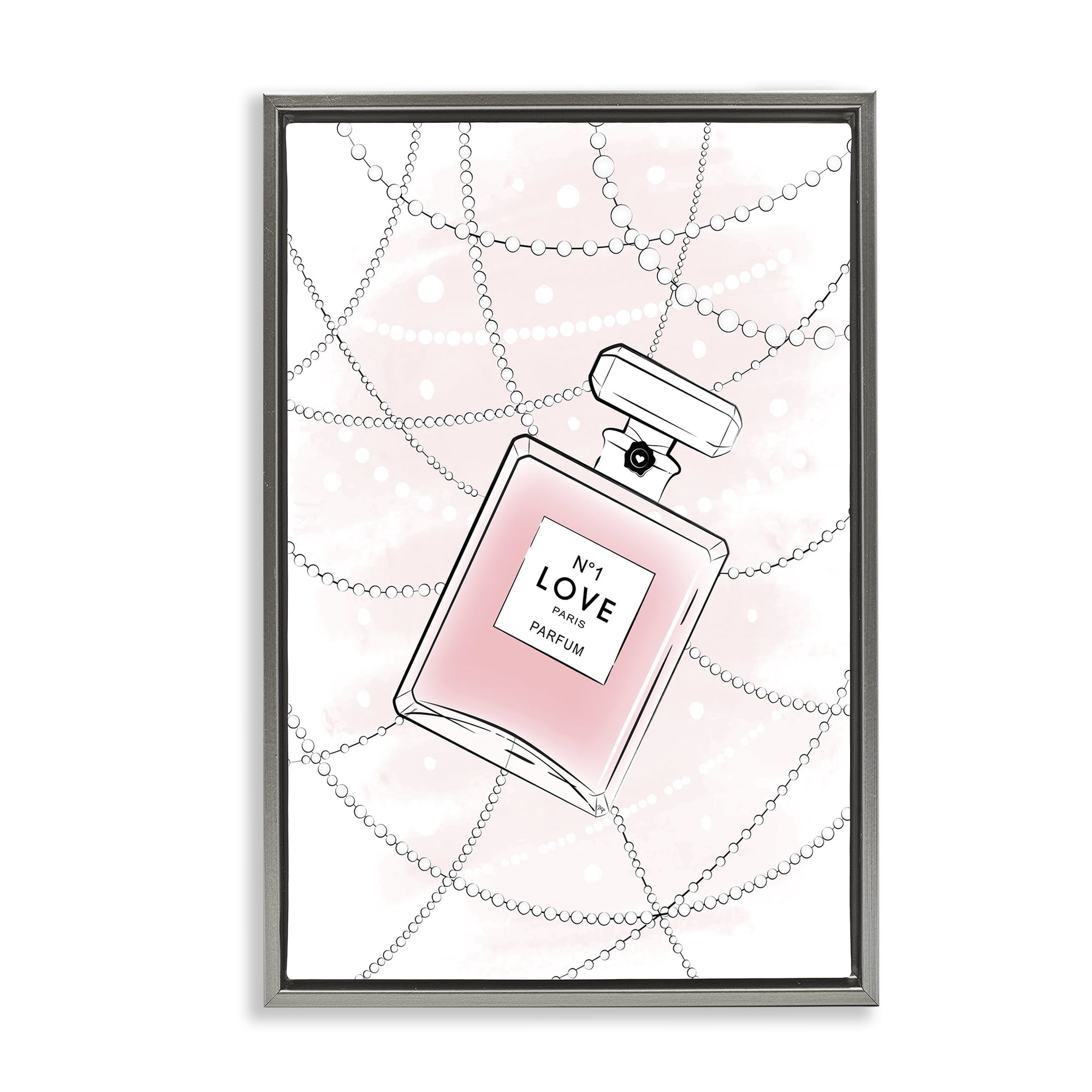 Stupell Industries Love Perfume & Pearls Beauty & Fashion Painting Gray Floater Framed Art Print Wall Art, 21 x 31