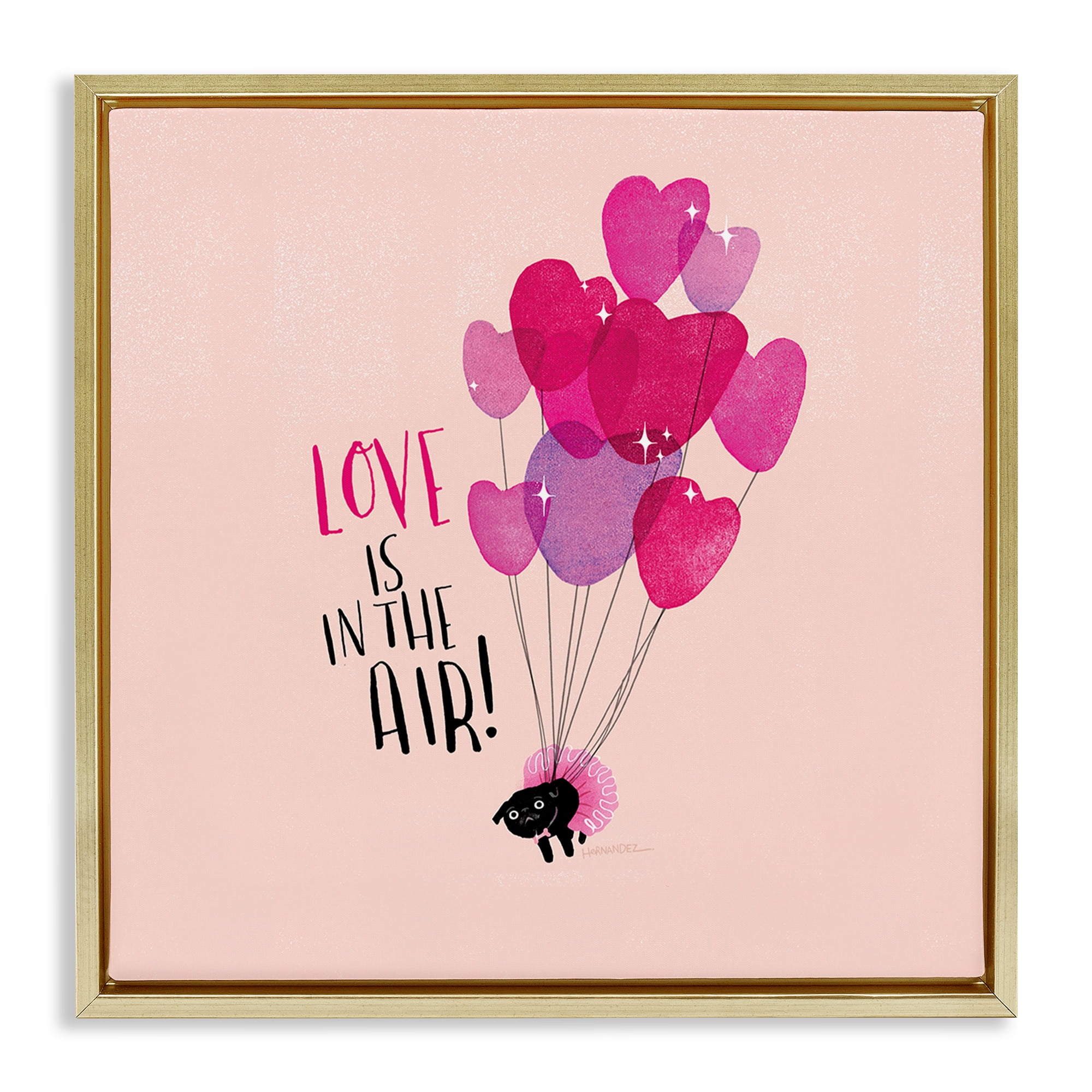 Stupell Industries Love Saying with Cat & Balloons Animals Painting Gold Floater Framed Canvas Art Print Wall Art, 18 x 18