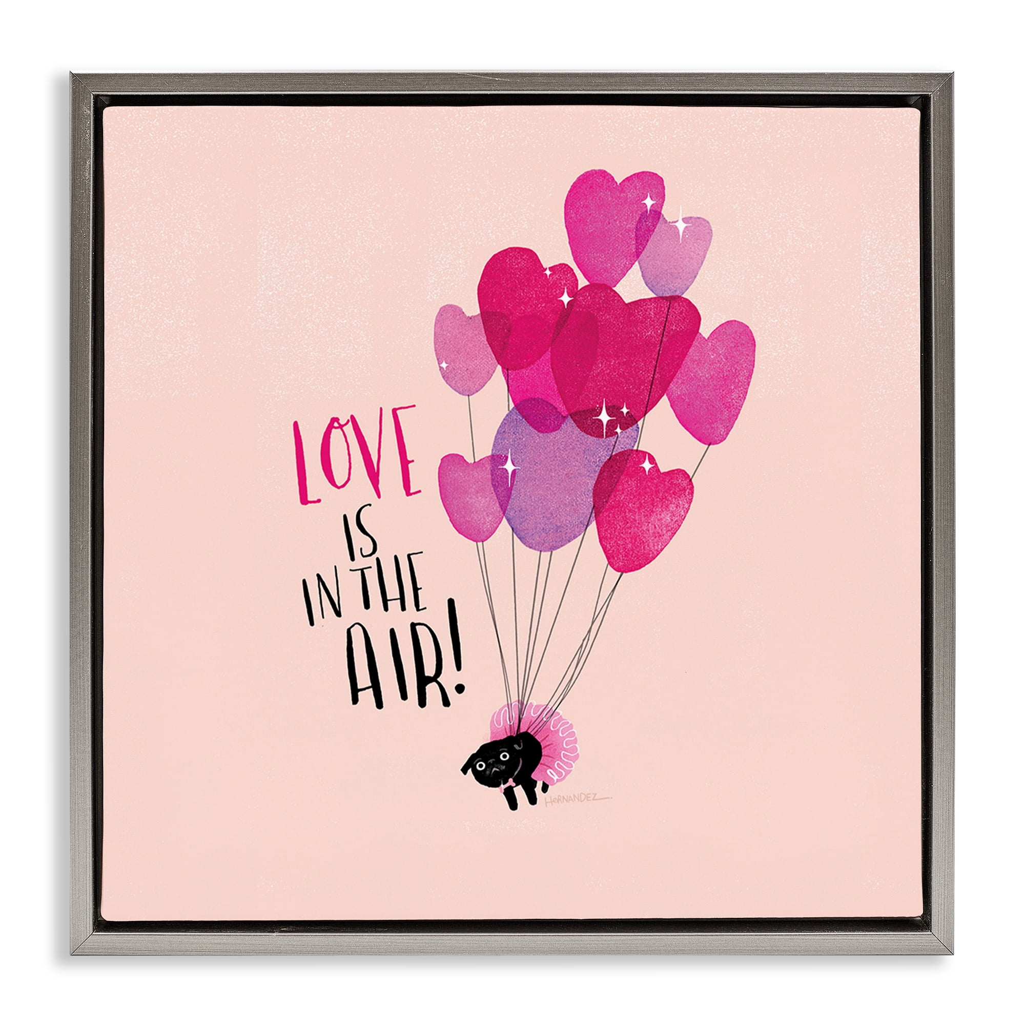 Stupell Industries Love Saying with Cat & Balloons Animals Painting Gray Floater Framed Canvas Art Print Wall Art, 25 x 25